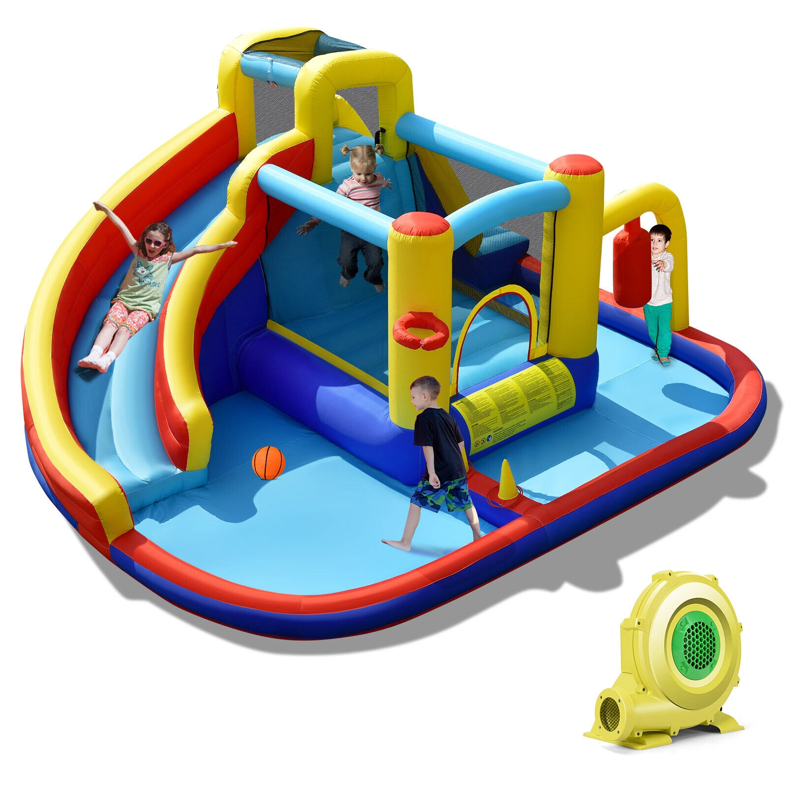 SUGIFT 7-in-1 Inflatable Water Slide Bounce House with 735W Air Blower & Splash Pool 66-lb Capacity Ages 3-12 Multicolor