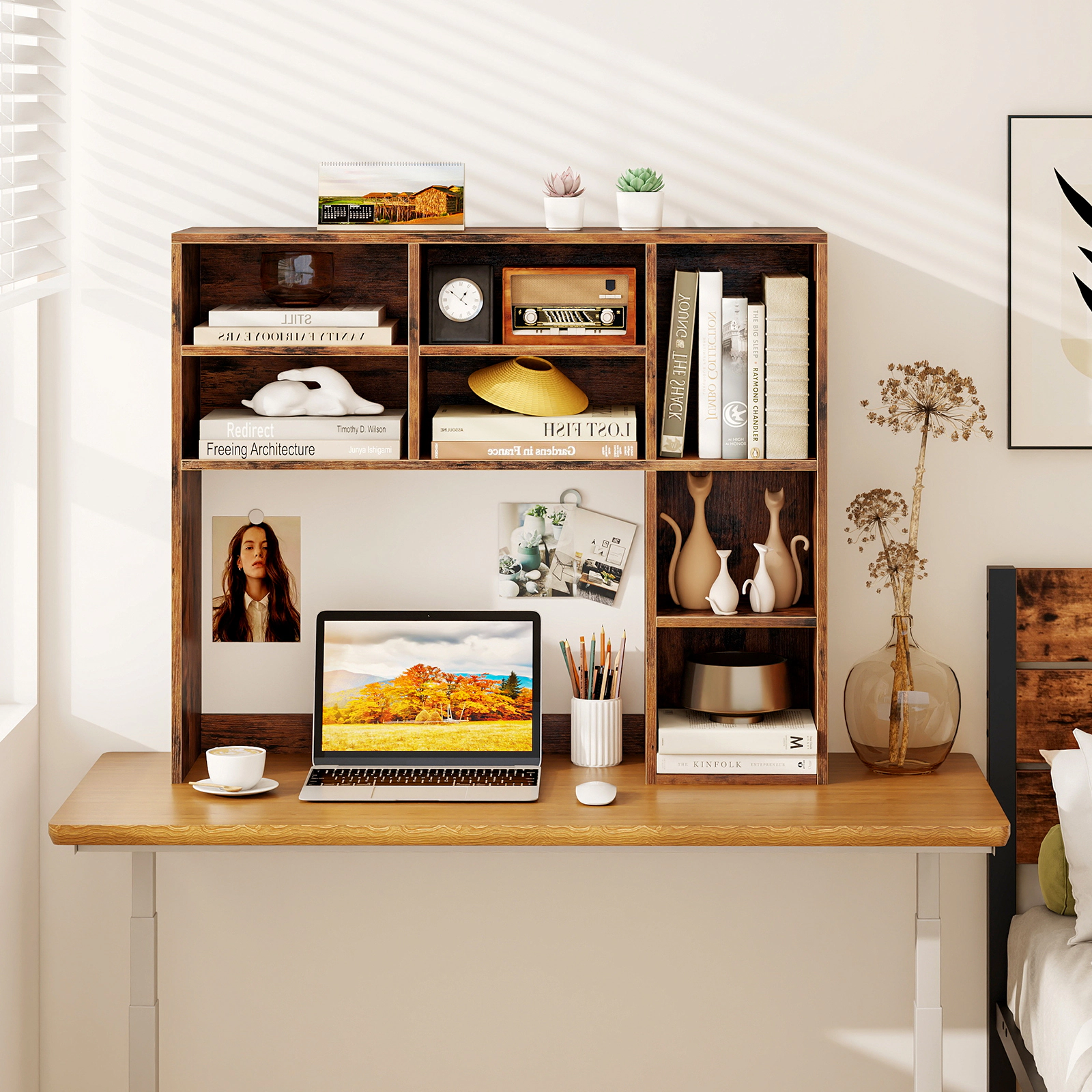 SUGIFT Brown Desktop Bookshelf Desk Hutch with 7 Open Cubbies and 3 Adjustable Shelves for 27-in Monitor