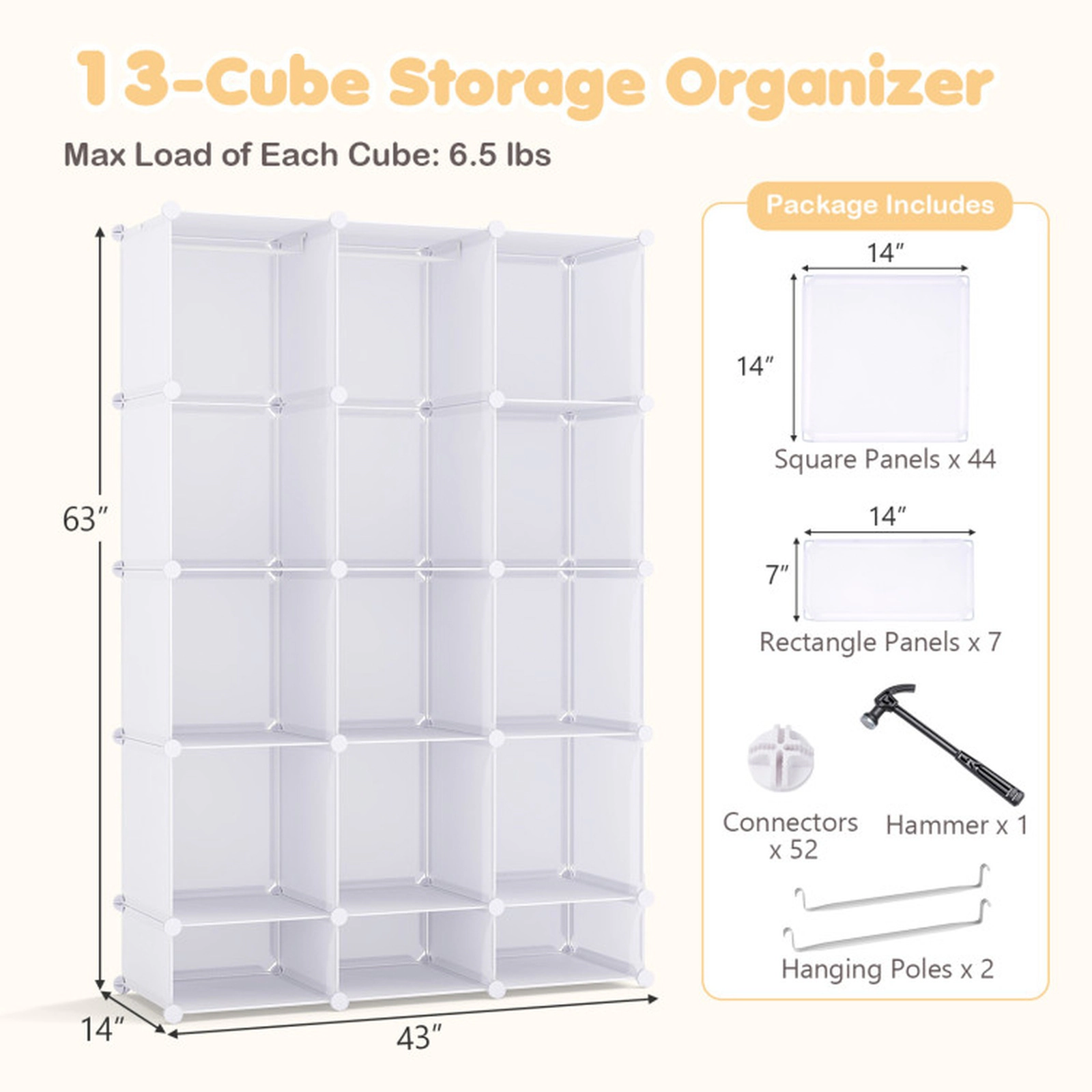 SUGIFT Kids 13-Cube Stackable Hanging Rods Modular Wardrobe Closet 43-in x 14-in x 63-in 6.5-lb per Cube White