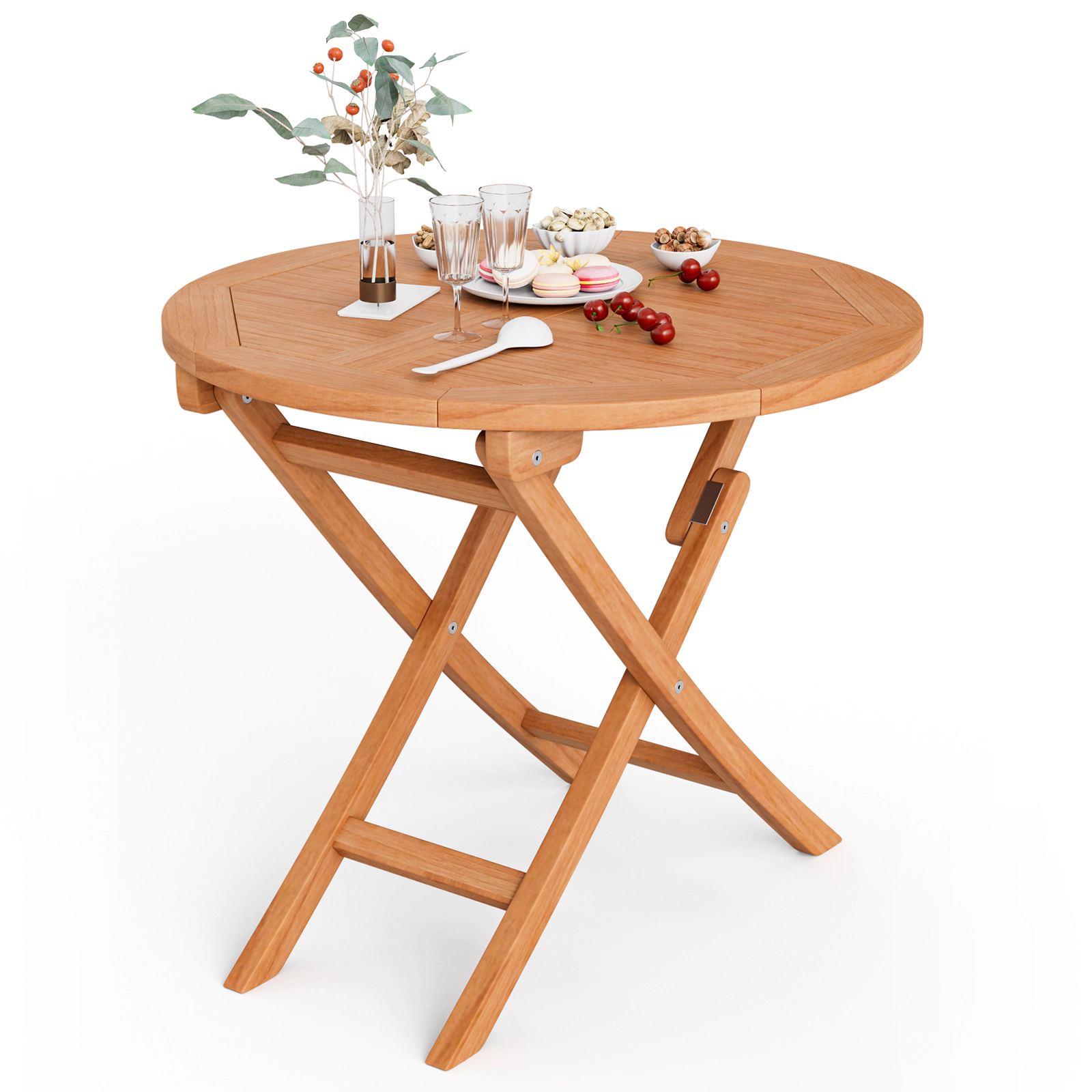 SUGIFT 31.5-in Folding Teak Wood Round Coffee Table 220-lb Capacity Natural Color Patio Accent Table 1-Piece