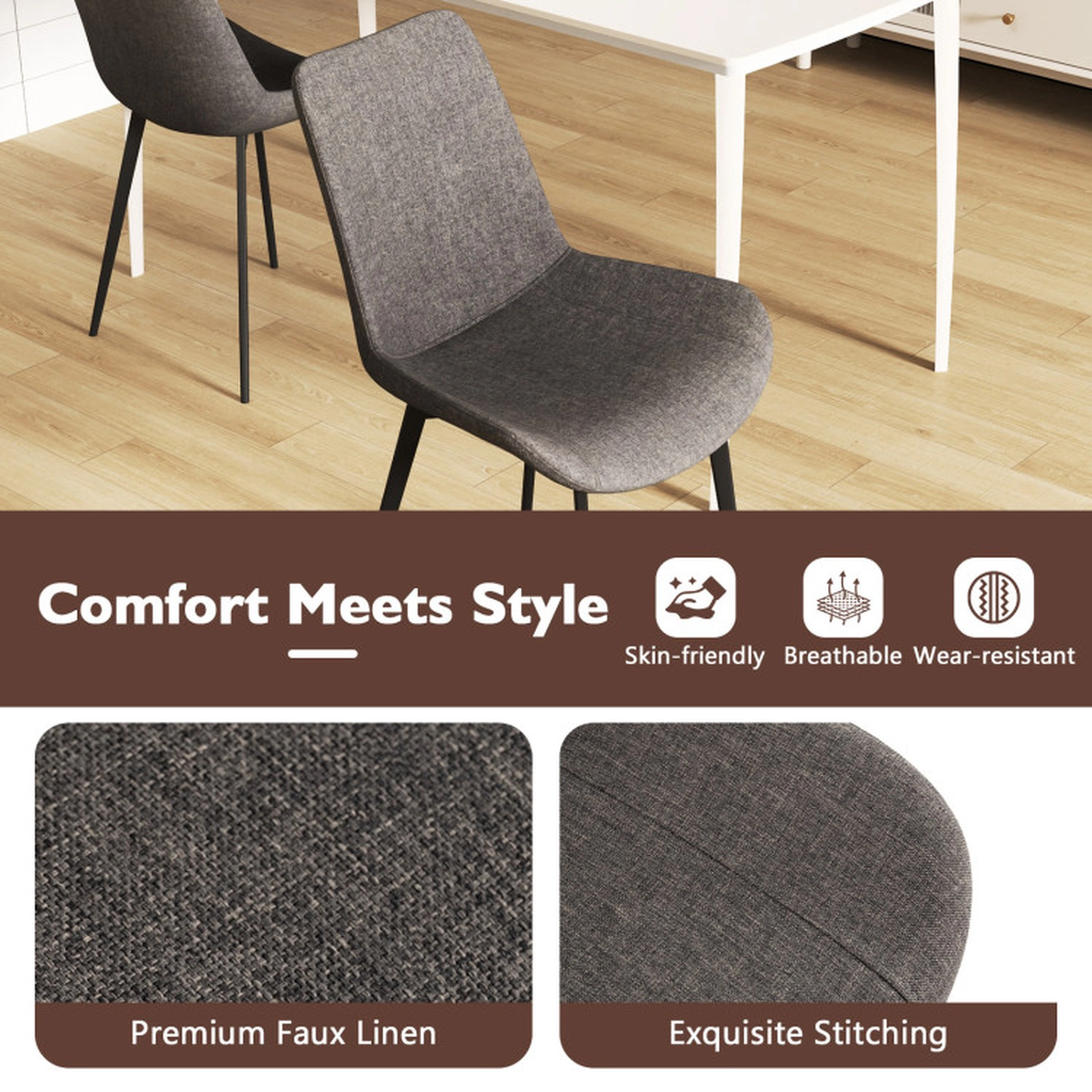 SUGIFT Set of 4 Faux Linen Upholstered Metal Legs Dining Chairs 24.5-in x 21.5-in x 33.5-in 330-lb Capacity Gray