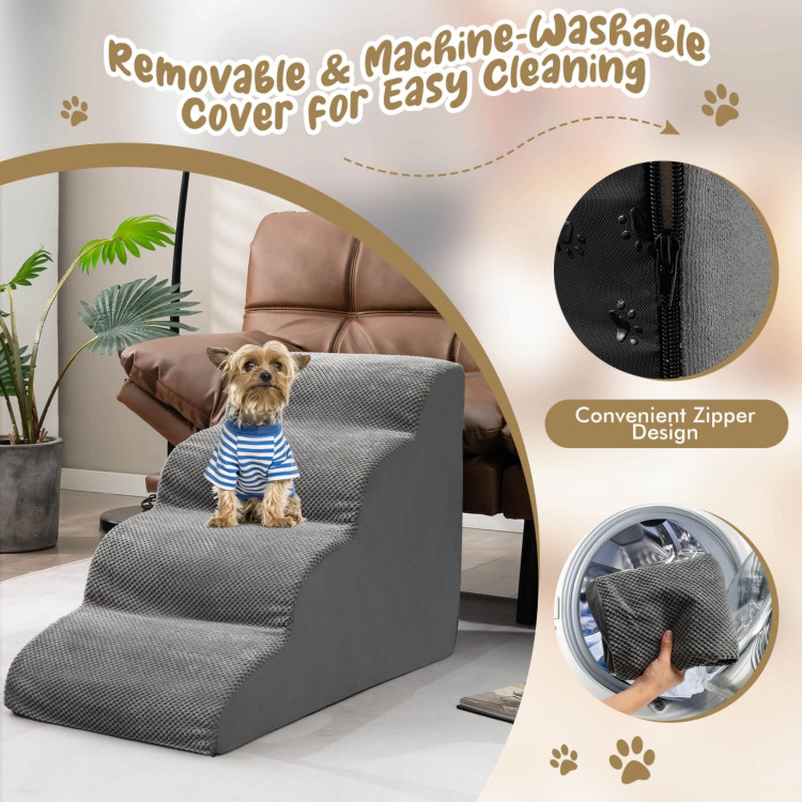 SUGIFT 28.5 x 20-in 132-lb Capacity Gray 4-Tier Foam Non-Slip Dog Steps Pet Stairs with Washable Zippered Cover