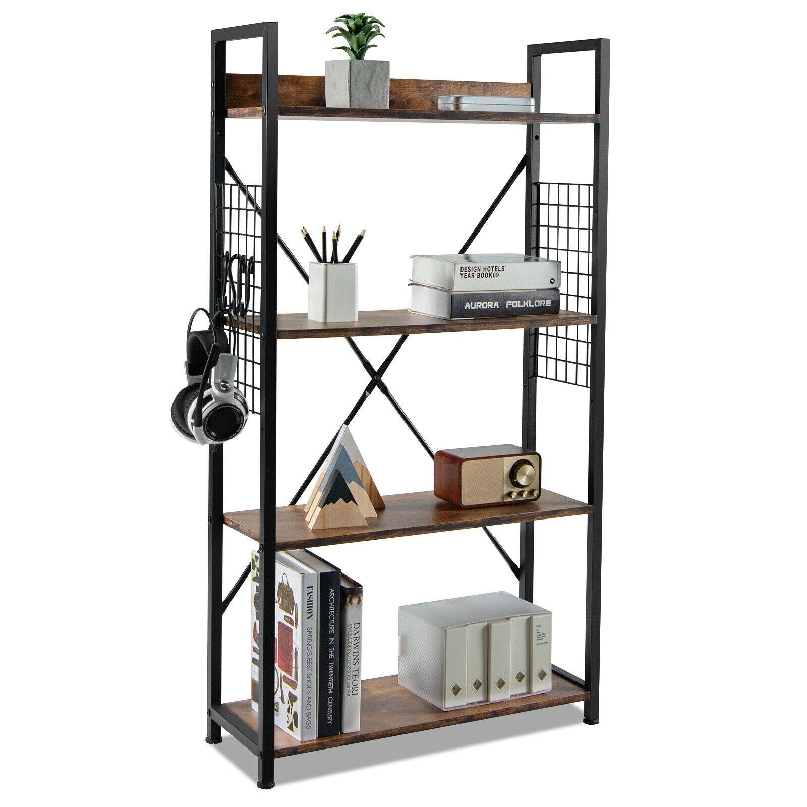 SUGIFT 4-Tier Industrial Open Storage Bookshelf with Adjustable Shelf 220-lb Capacity Coffee