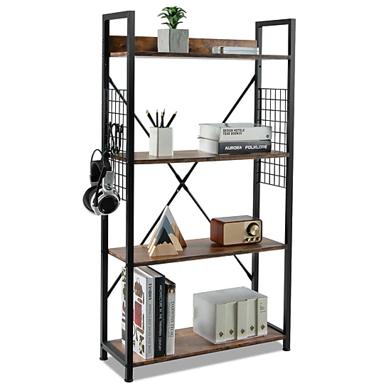 SUGIFT 4-Tier Industrial Open Storage Bookshelf with Adjustable Shelf 220-lb Capacity Coffee