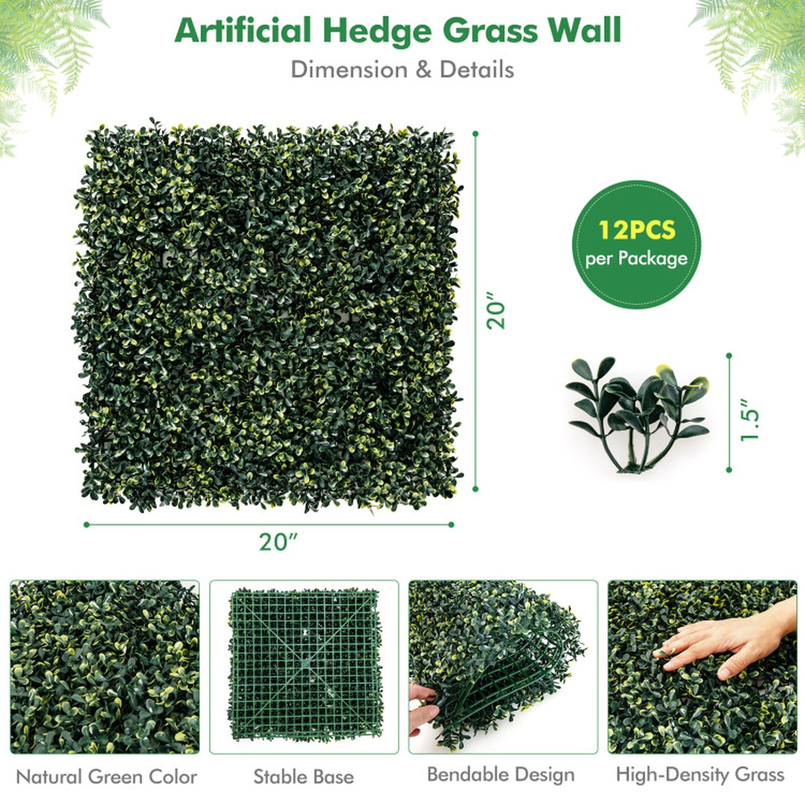 SUGIFT 12-Piece 20-in Green Artificial Peanut Leaf Hedge Panels with 4-Layer Leaves and Snap Locks