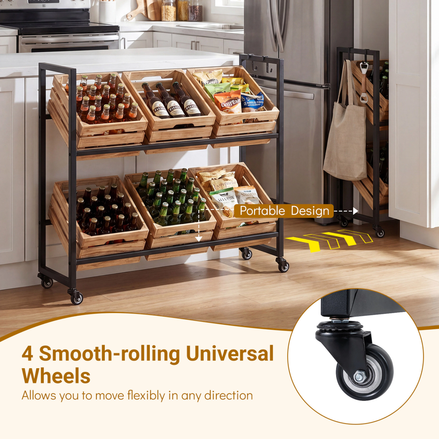 LJG 2-Tier Drink Crate Rack with 4 Universal Wheels for Beer and Water Kitchen and Bar