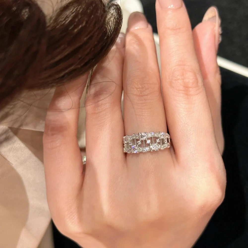 Women’s Adjustable Open Ring Lace-Inspired Hollow Band with Row Inlaid Zircons