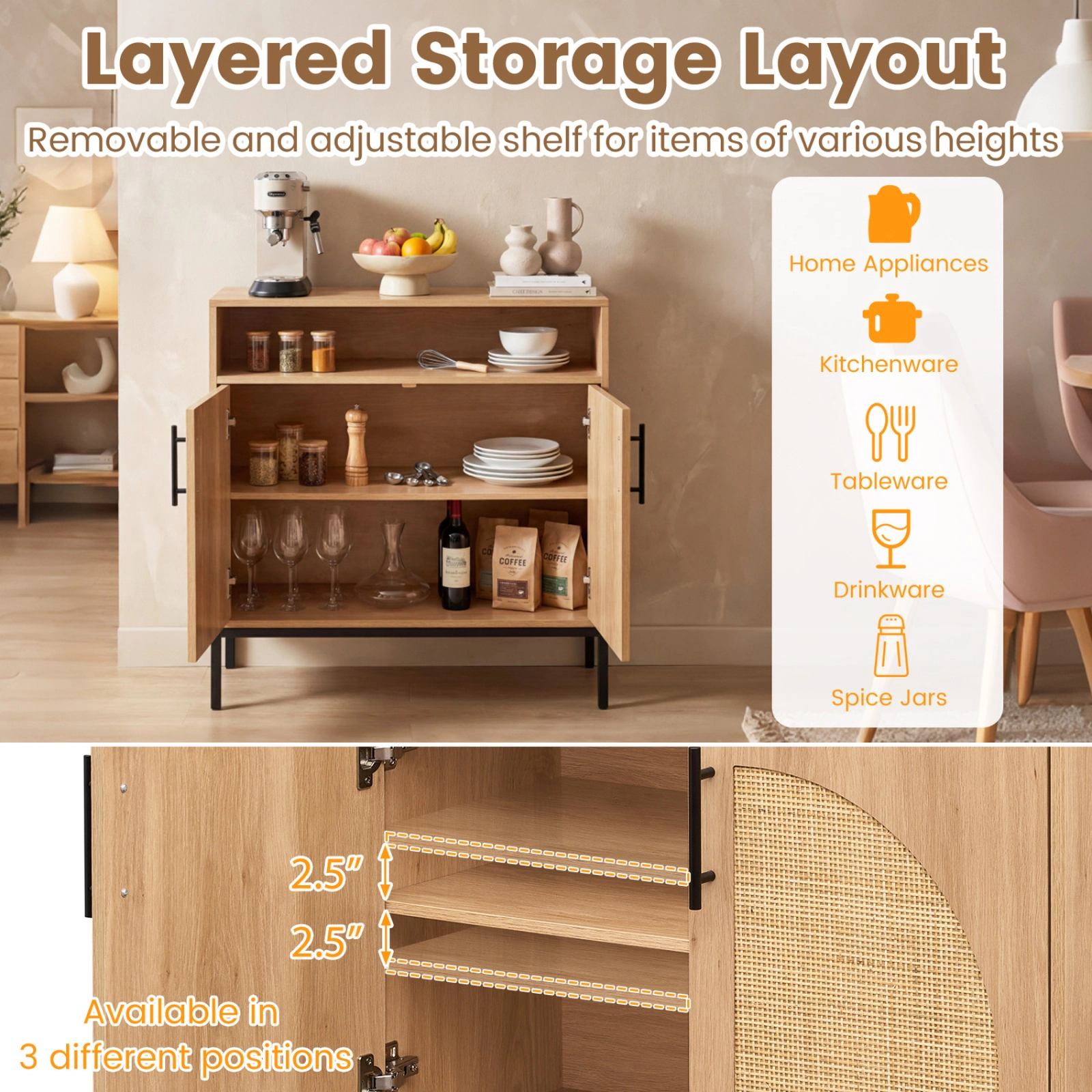 SUGIFT Rattan Door Sideboard Buffet Cabinet with Shelf 145-lb Capacity 32.5-in Tall 32-in Wide 2-Door Natural/White