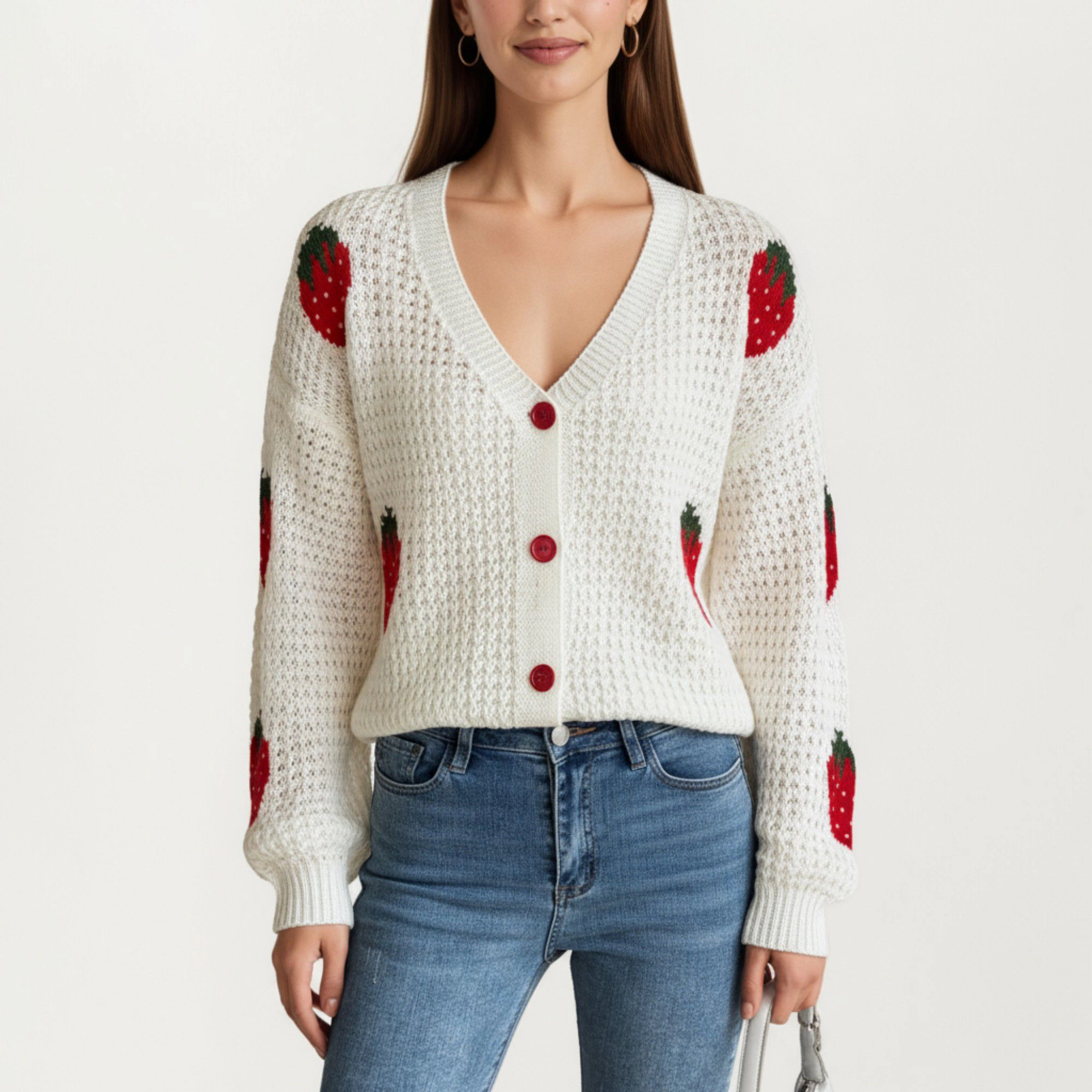 Anna-Kaci Women's Long Sleeve Strawberry Knit Button-Up Cardigan with V-Neckline