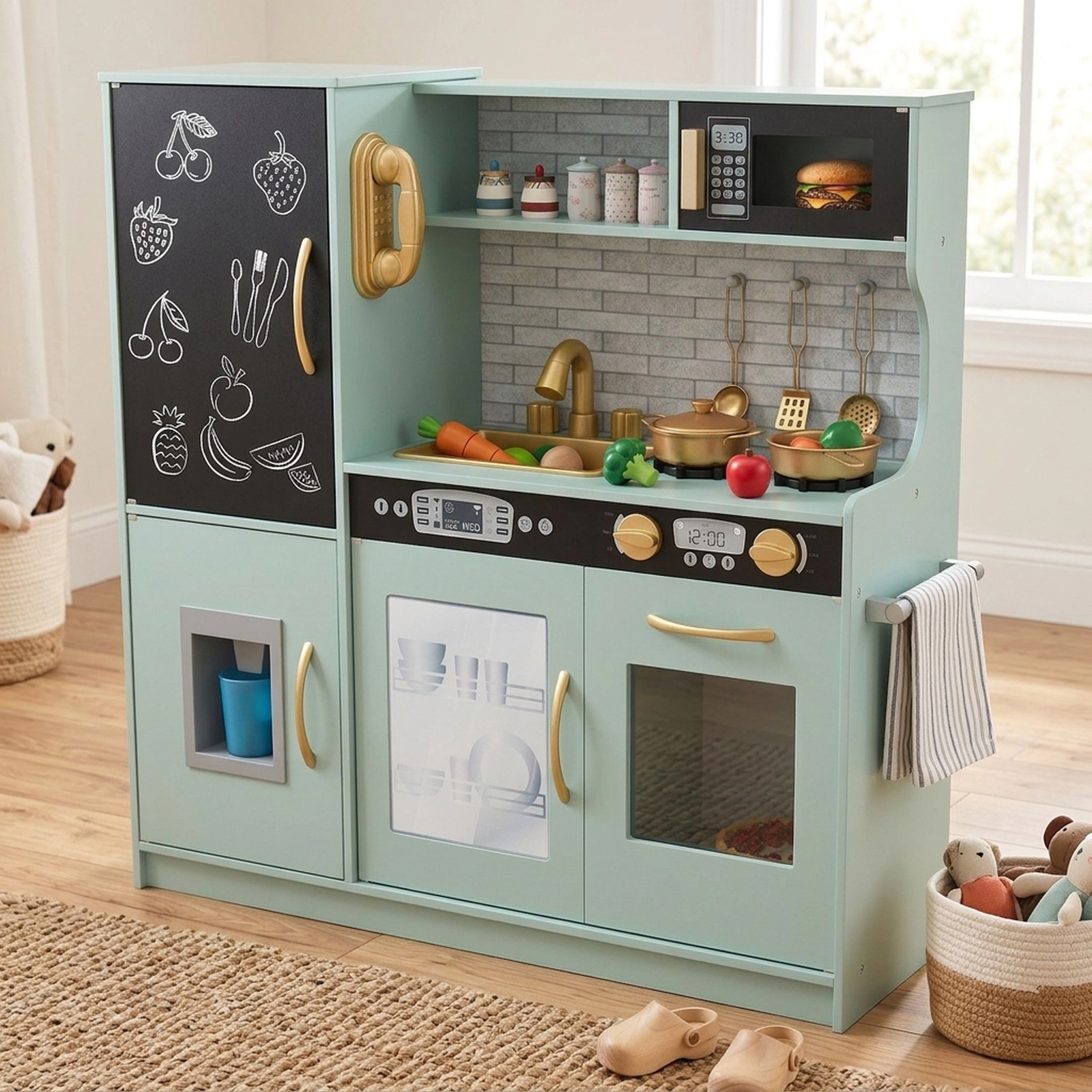 Toddler Play Kitchen Anti-Toppling Anchor Removable Sink Blackboard 32-in Slim Kitchen Playset Ages 3-6 Green
