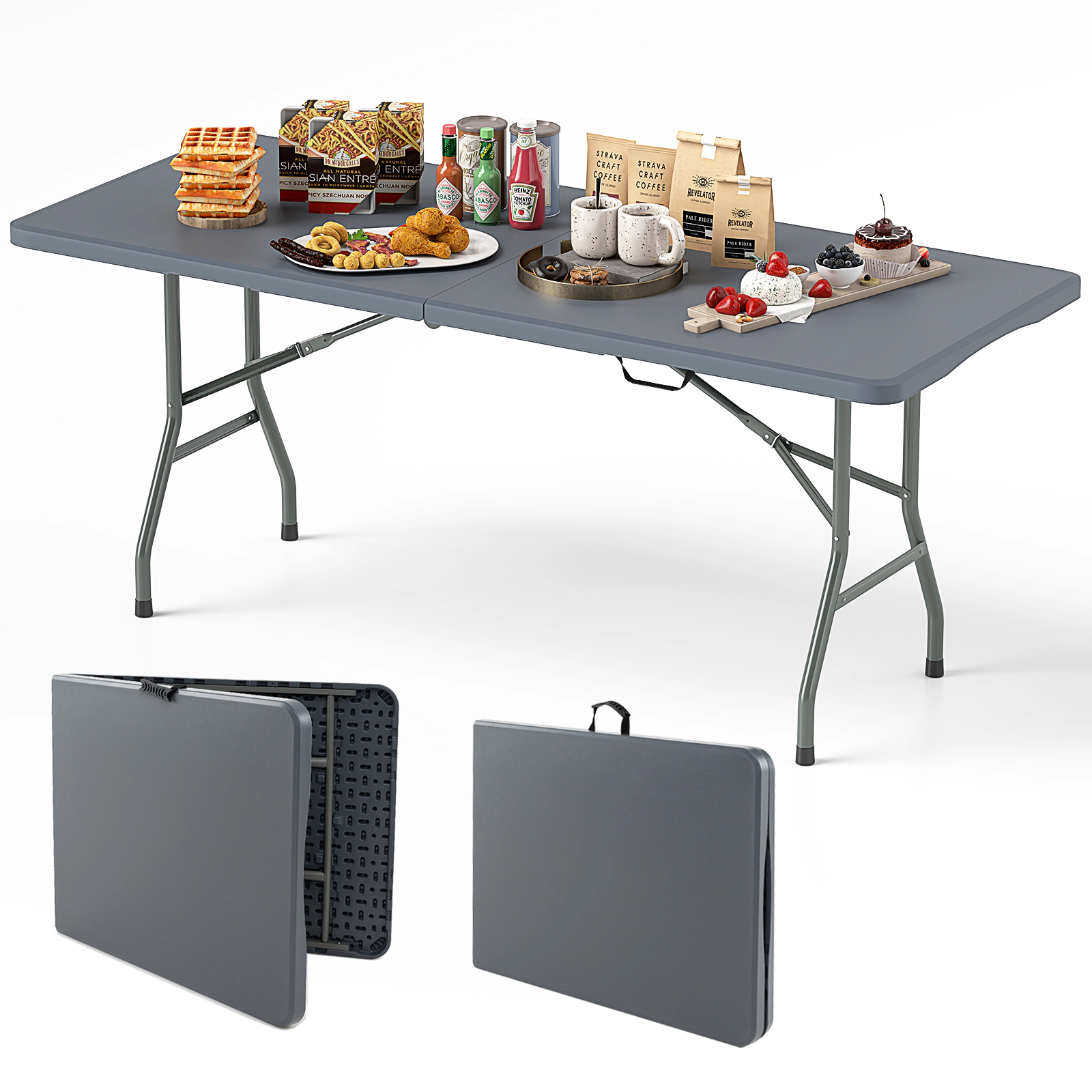 SUGIFT 6-Foot Gray Folding Table, 350-lb Capacity, HDPE Top, Carrying Handle