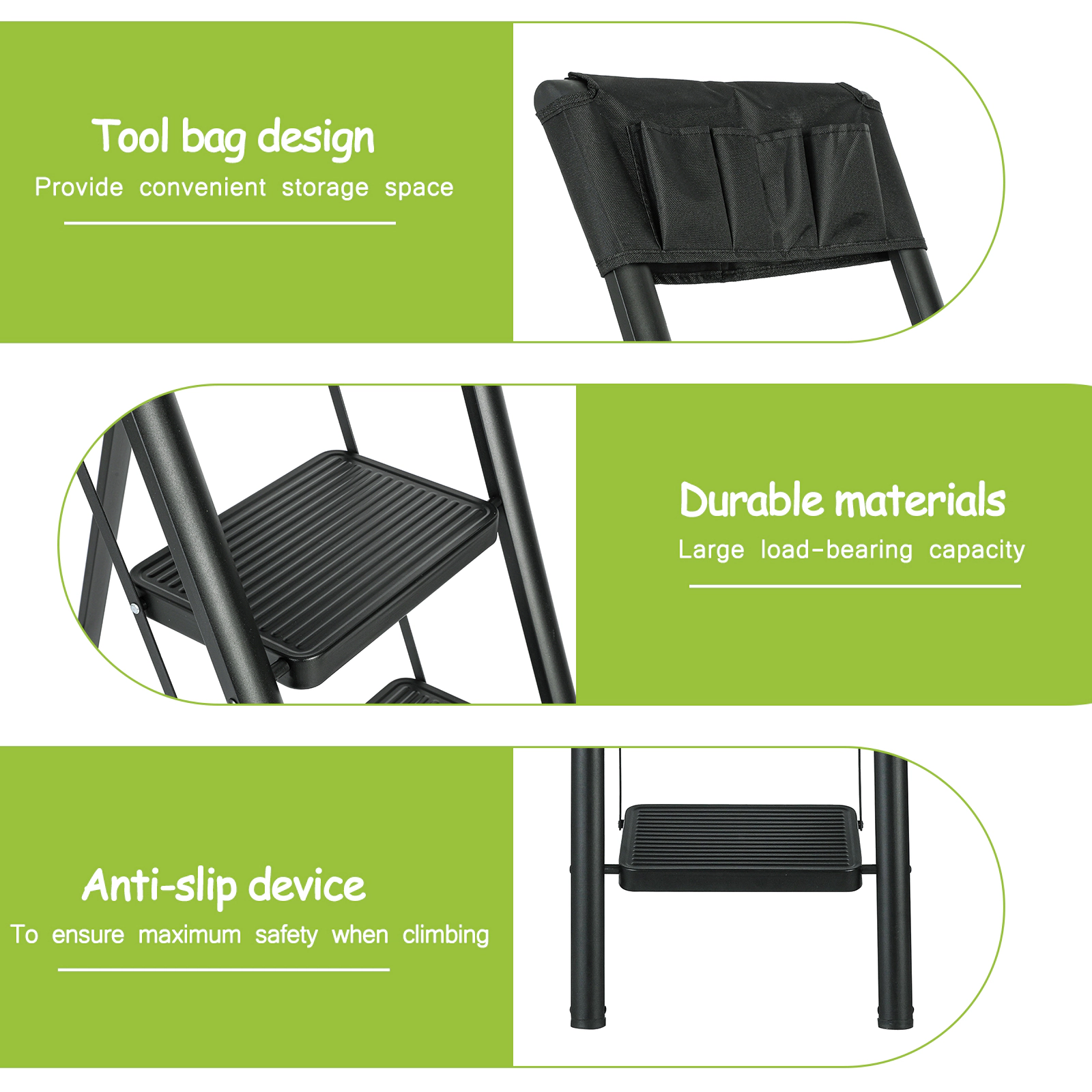Flynama 5 Step Ladder- 330lb Capacity Steel Foldable Step Stool With Tool Bag (Black)