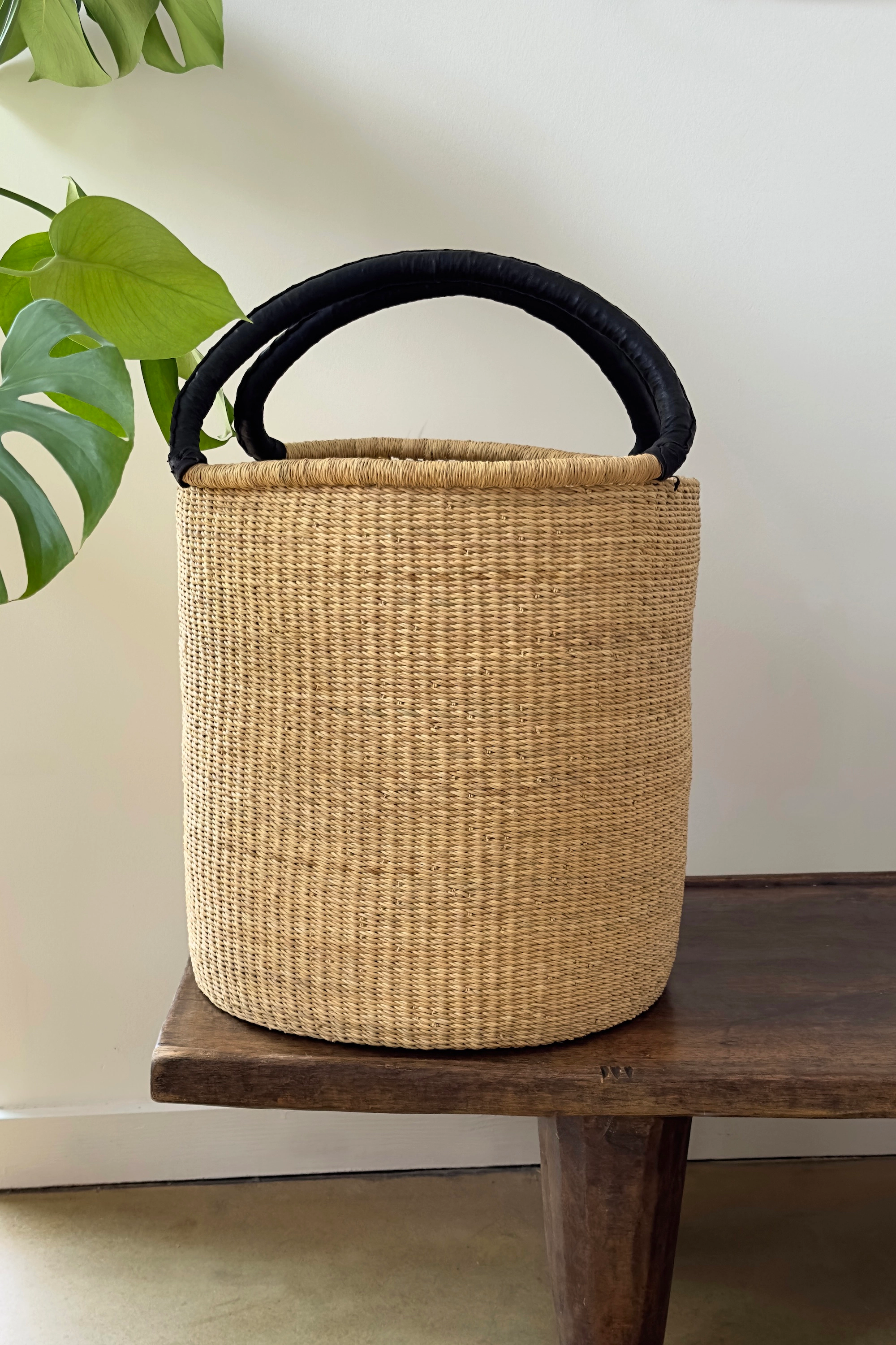 Mbare Handwoven Double Weave Hamper Basket with Leather Handles