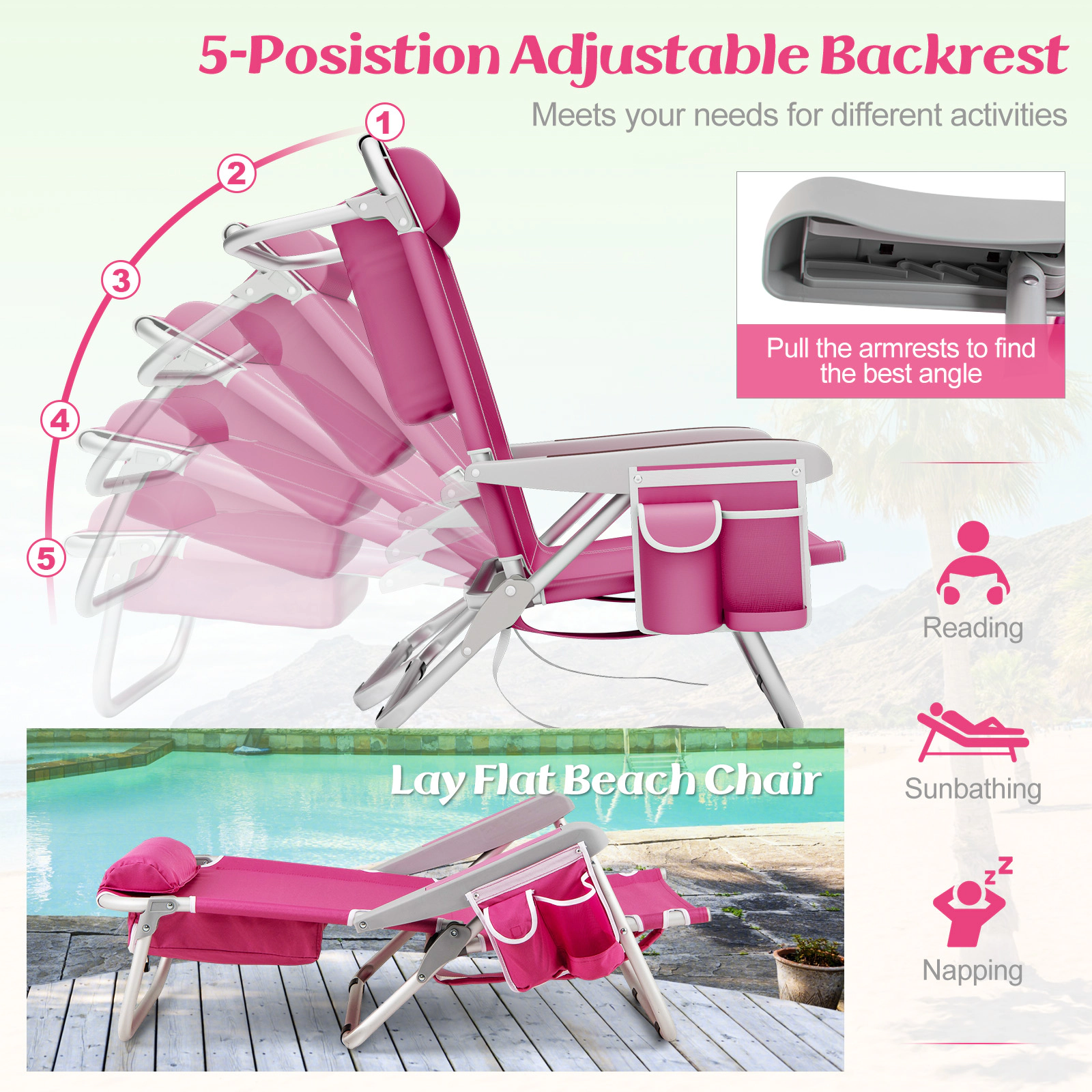 SUGIFT 5-Position Foldable Backpack Beach Chair with Cup Holder and Storage Pockets 330-lb Capacity Set of 2 Pink