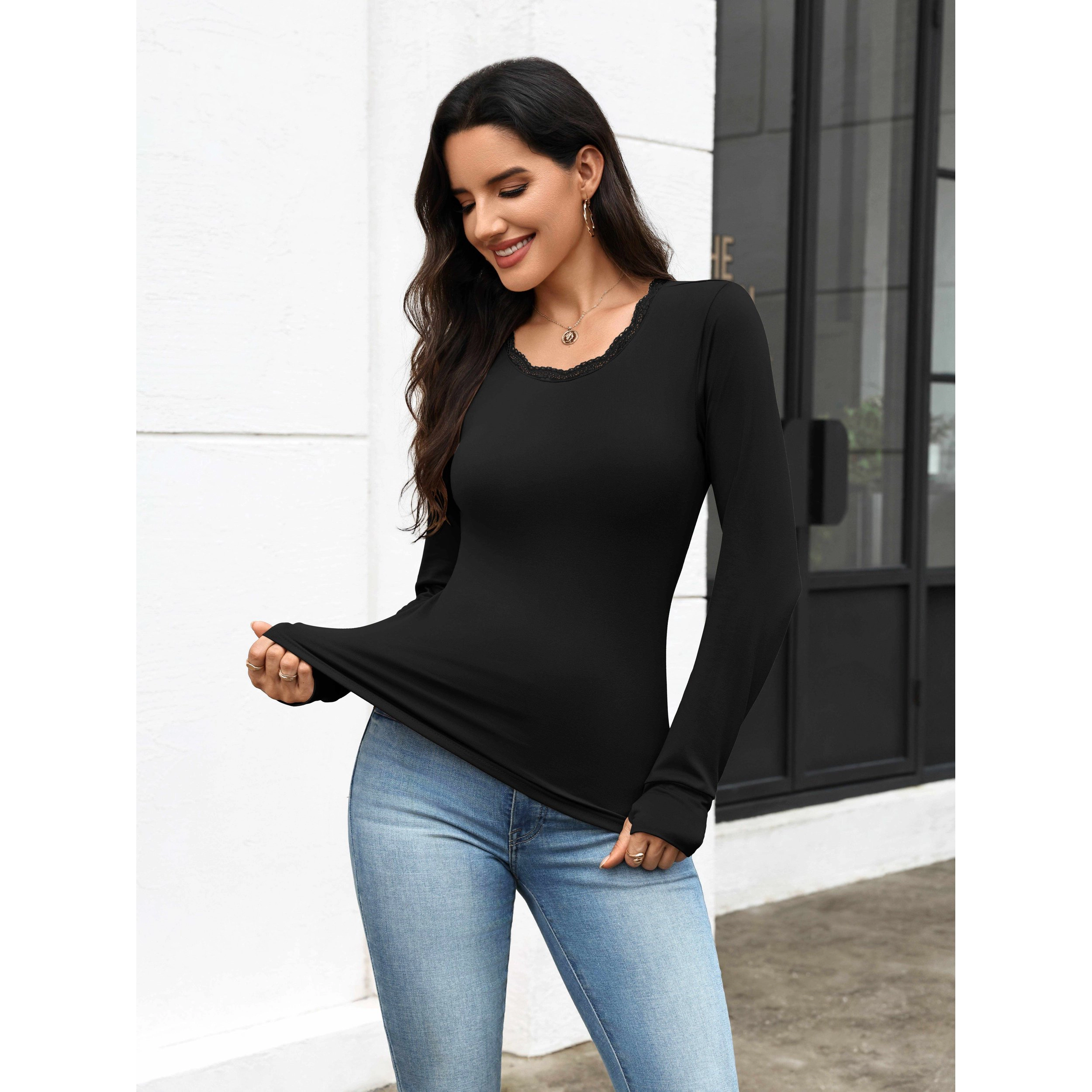 Ekouaer Women's Lace Trim Scoop Neck Long Sleeve T-Shirt