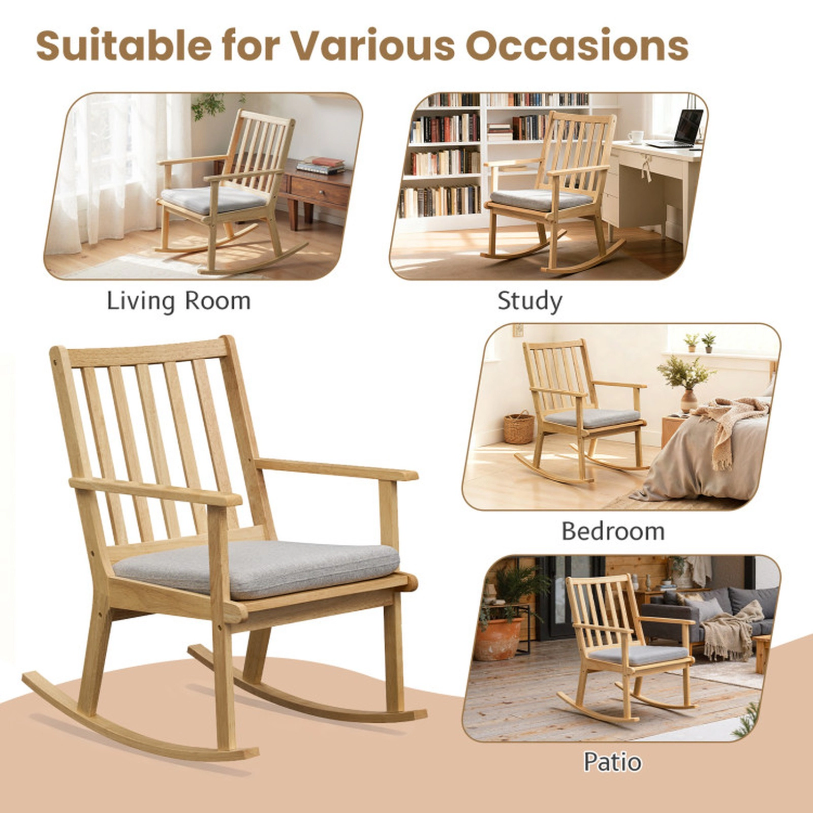 SUGIFT Solid Rubber Wood Rocking Chair with Padded Cushion 352-lb Capacity 33.5-in Frame Natural + Gray