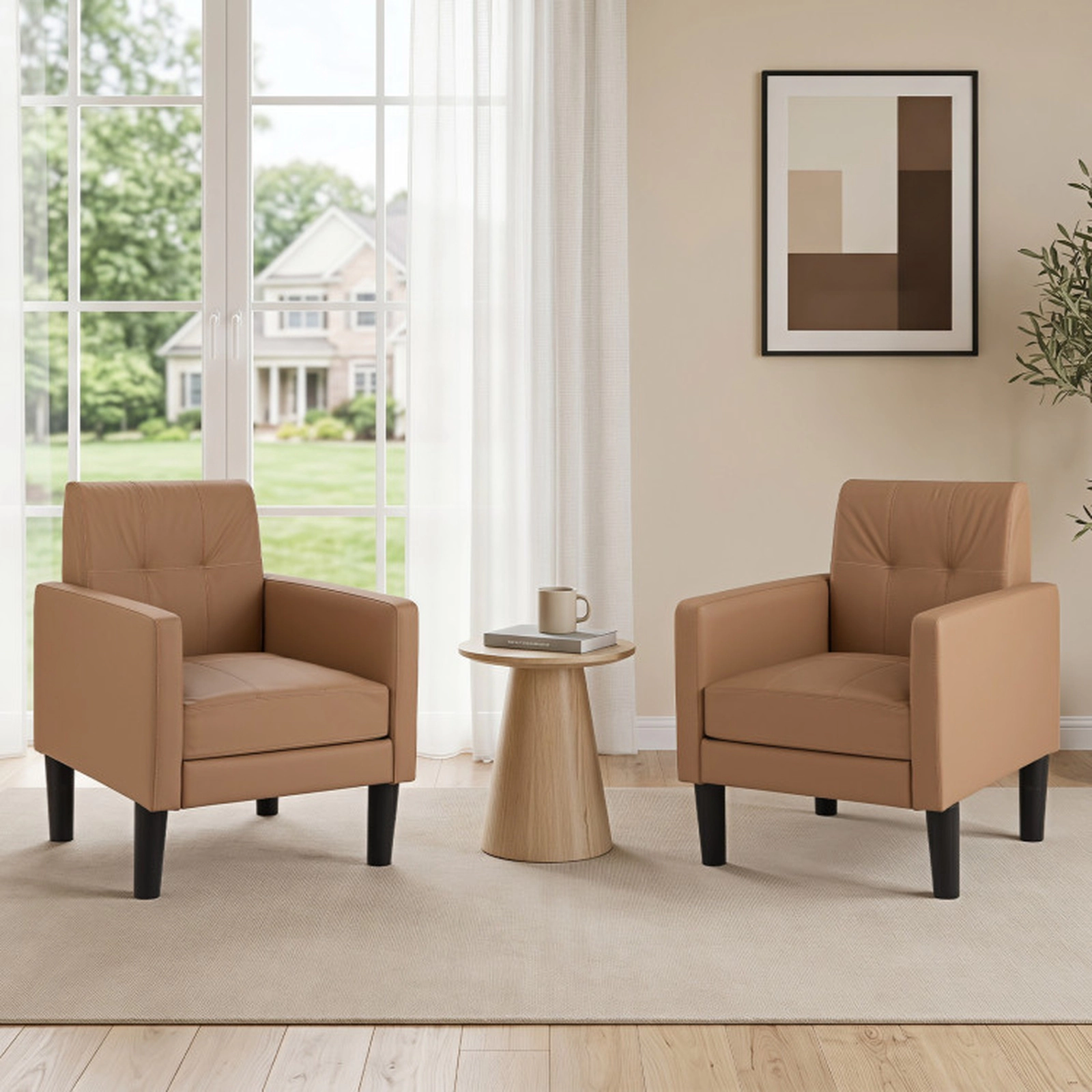 SUGIFT Brown Removable Seat Cushion 350-lb Set of 2 Faux Leather Accent Chairs