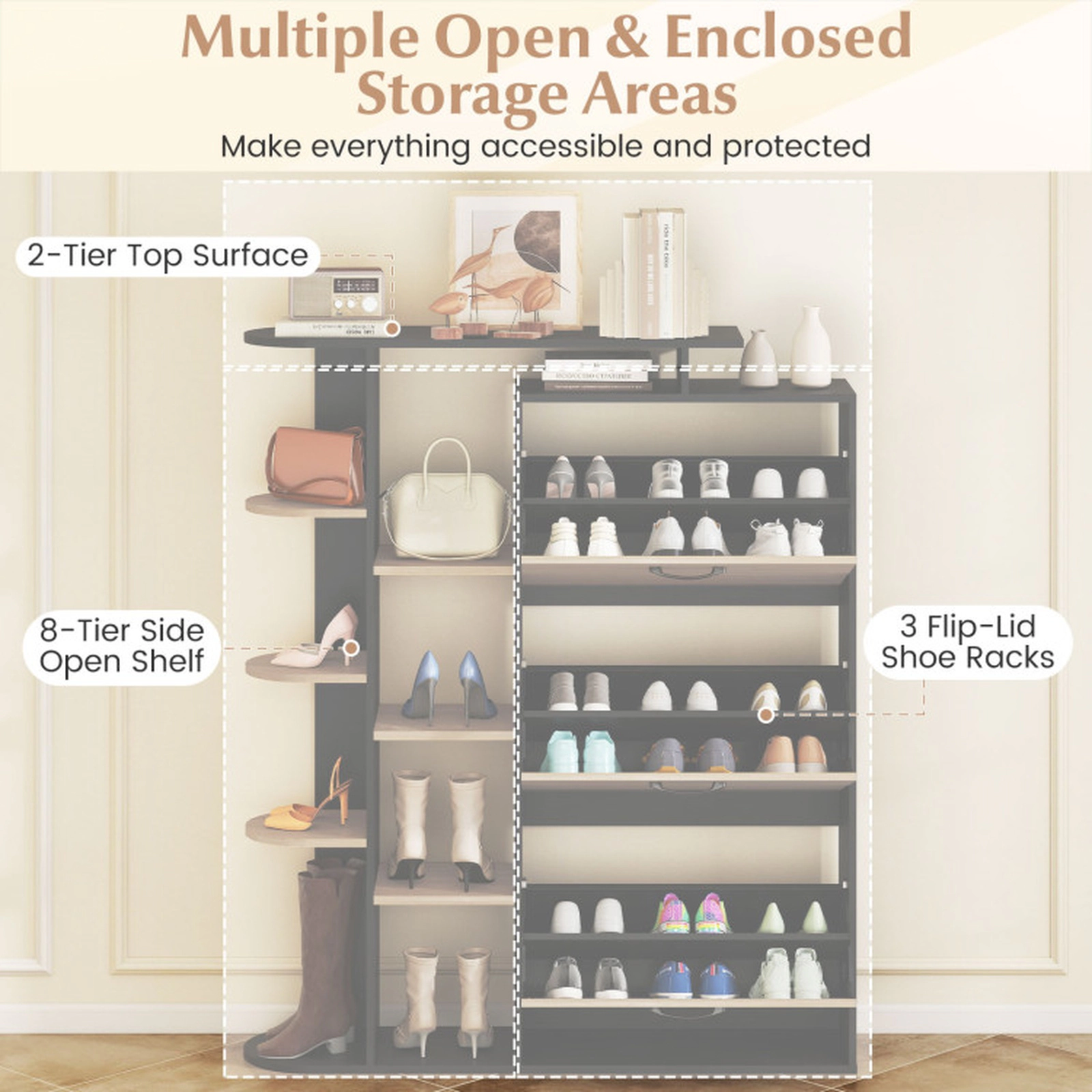 SUGIFT 42.5-in Modern Entryway Shoe Cabinet with 3 Flip Drawers and Open Side Shelves for Shoe Storage