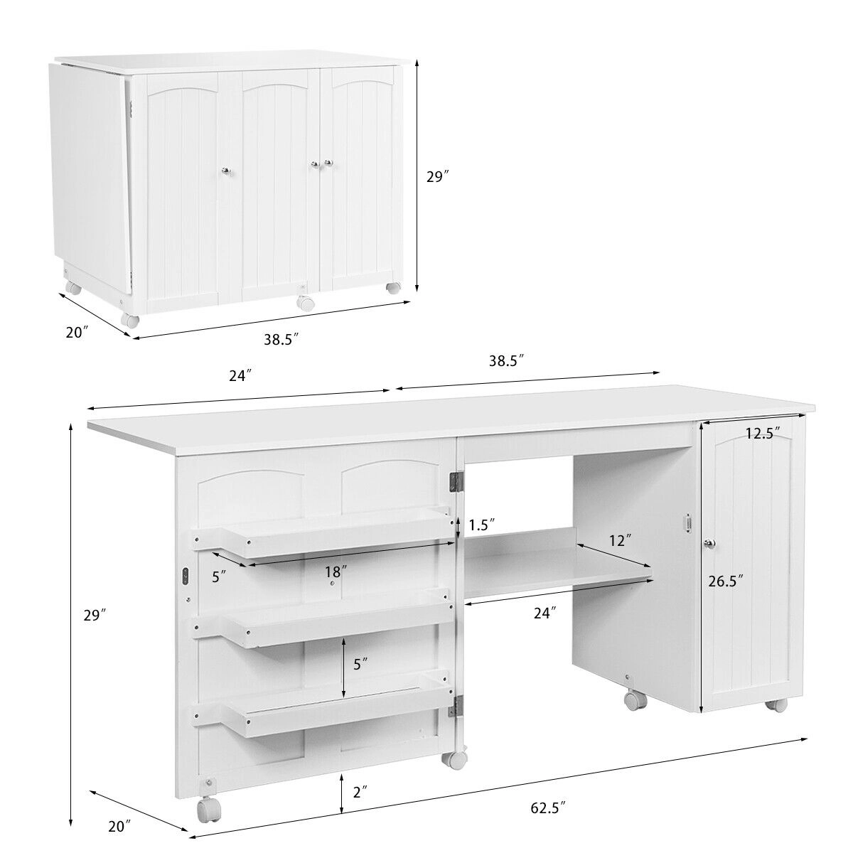 SUGIFT Fold-Out 3 Open Bins Cabinet Rolling Sewing Craft Table Desk 62.5-in x 20-in x 29-in Folds to 38.5-in White