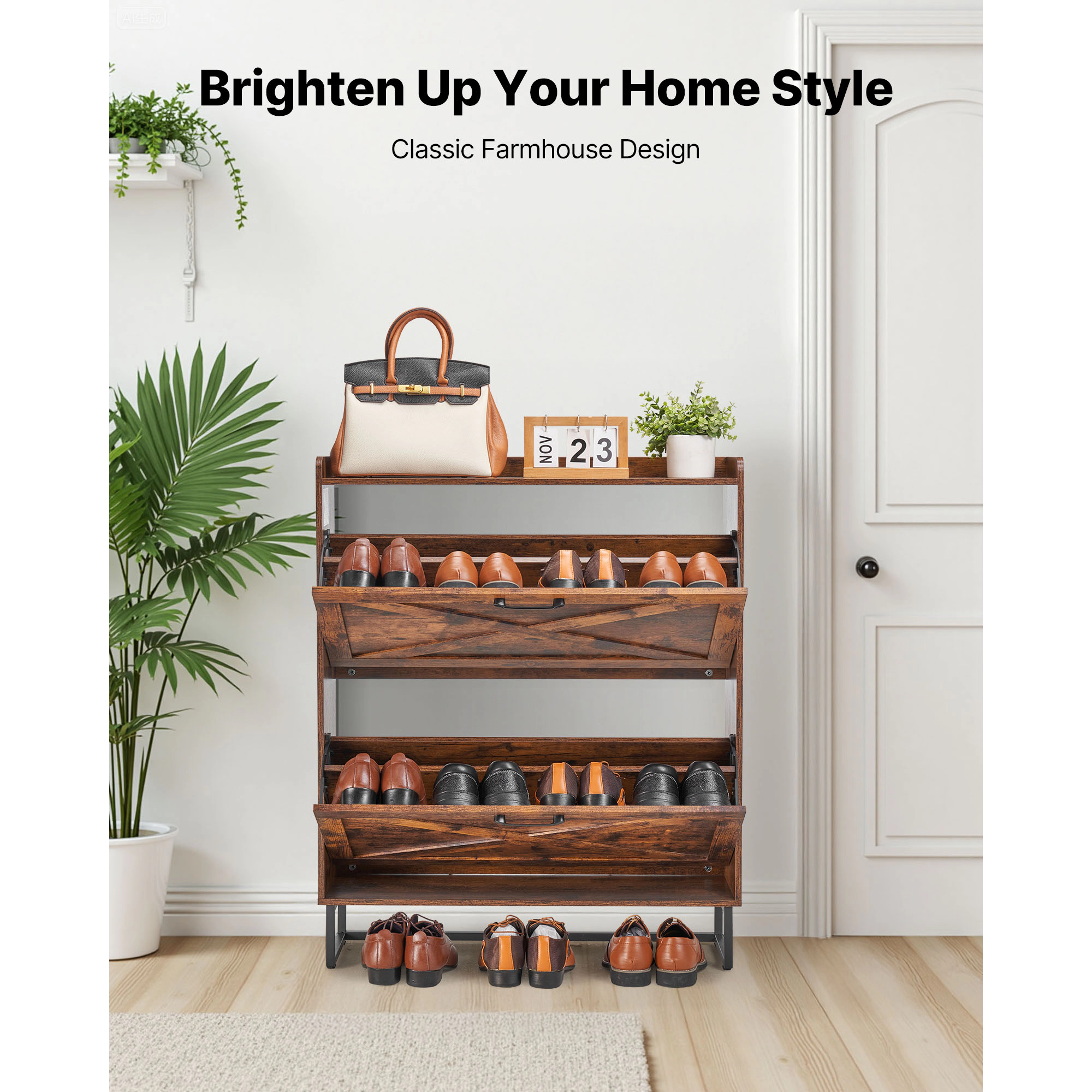 HONGGE Shoe Cabinet with 2 Flip Drawers Shoes Storage Cabinet with Anti-Tipping Device Freestanding Shoe Organizer