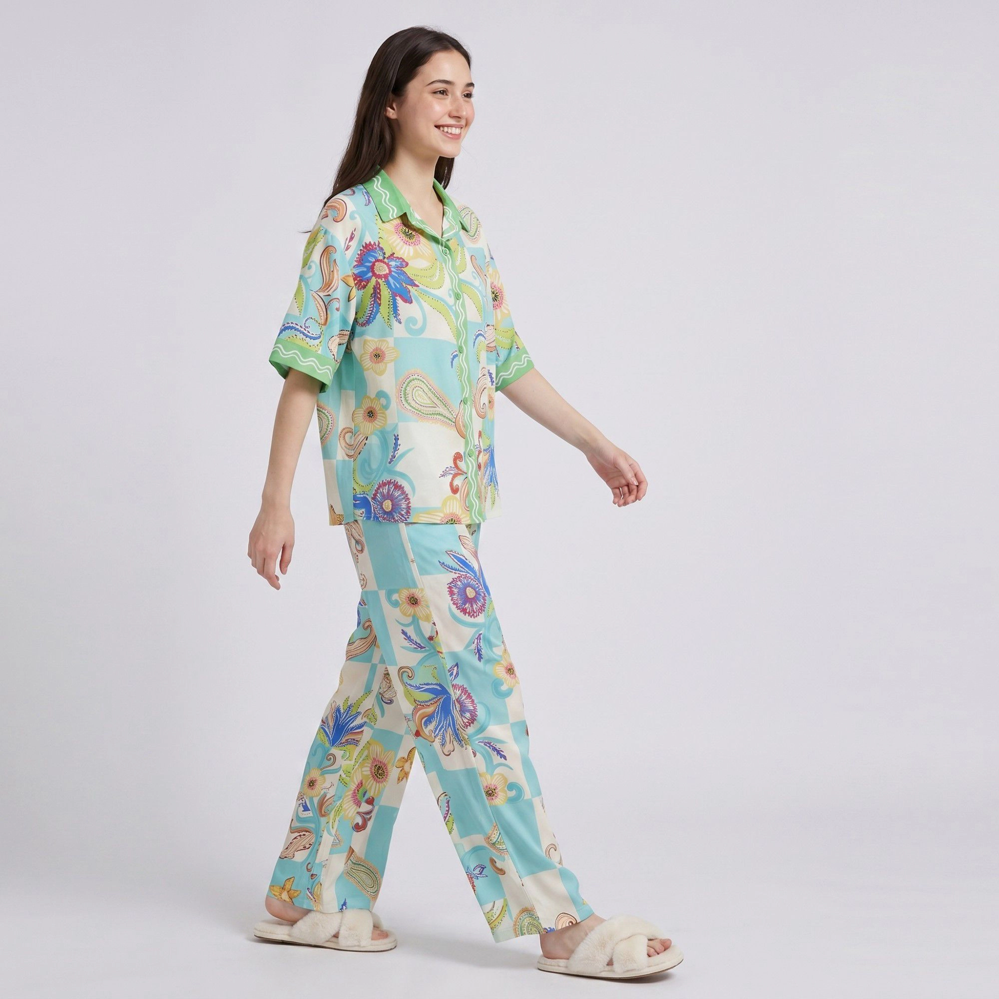 Anna-Kaci Women's 2-Piece Paisley Floral Pajama Set with Short Sleeve Button Top and Wide Leg Pants