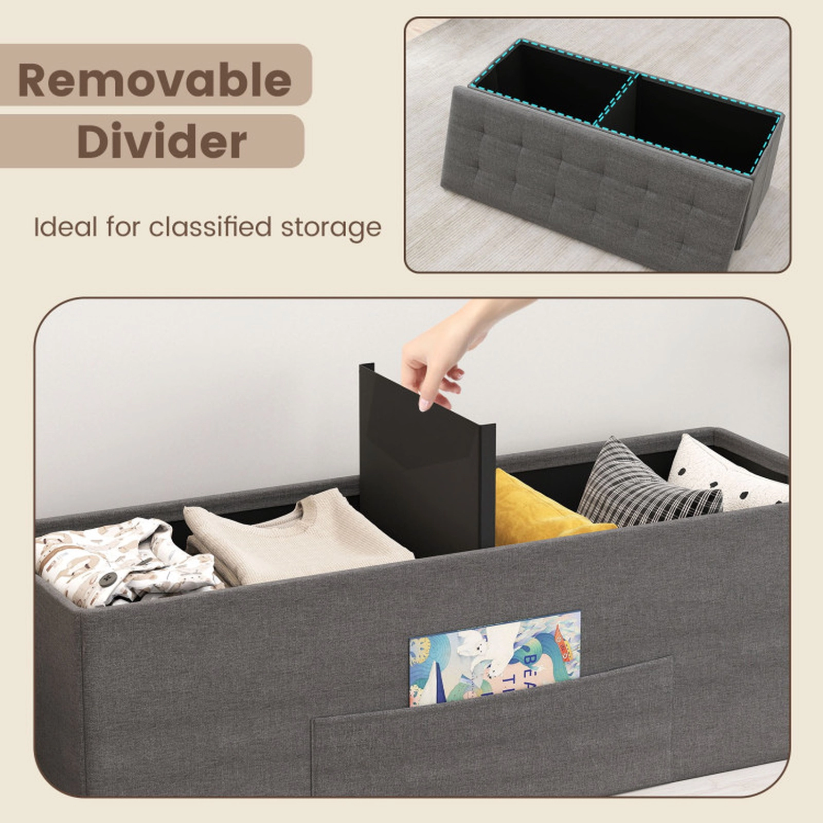 SUGIFT Folding Storage Ottoman Bench Padded Seat 660-lb Capacity End of Bed Bench with Storage Compartments Dark Gray