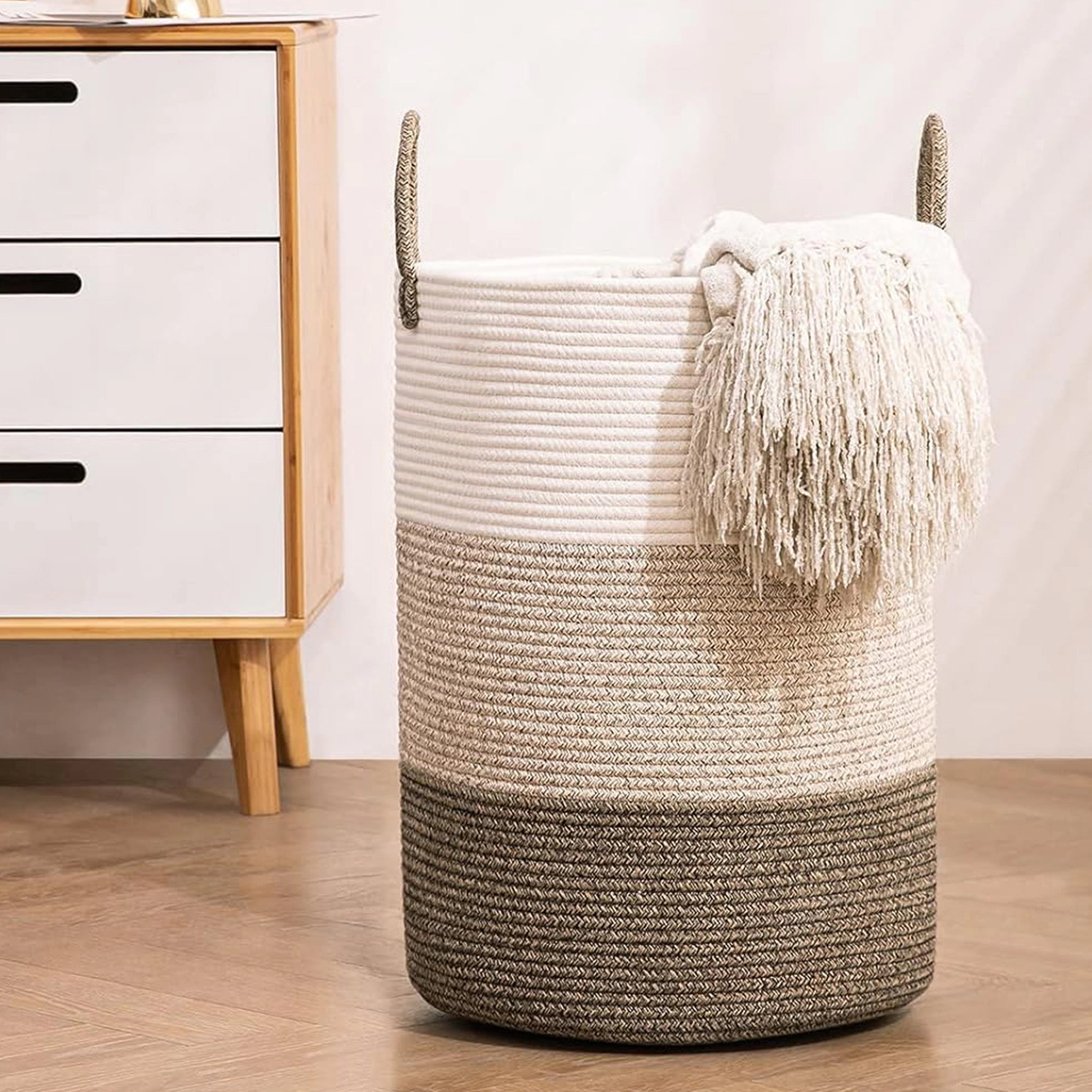 Cheer Collection Large Cotton Rope Laundry Hamper with Handles, 16 x 16 x 22 Inch