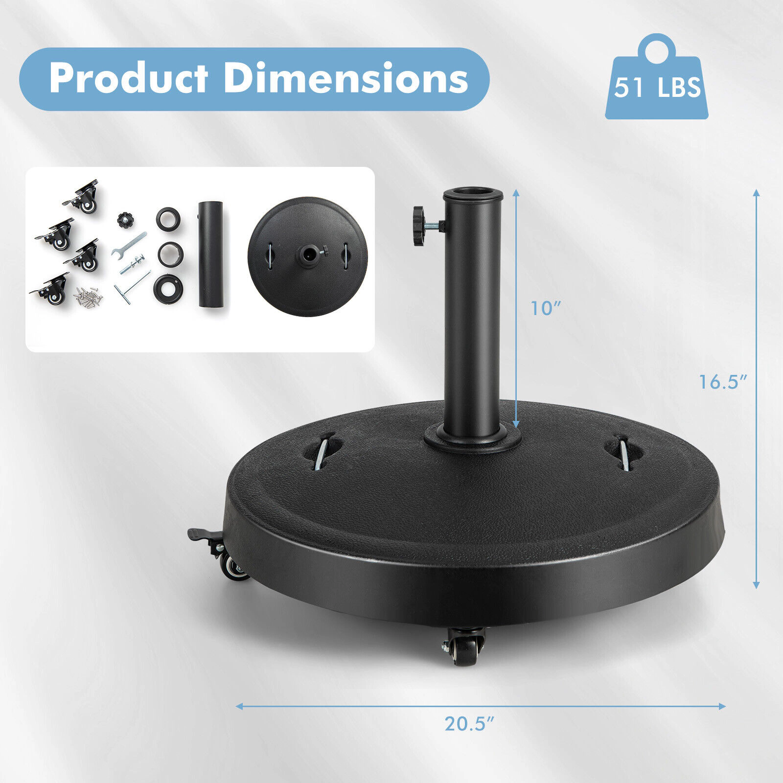 Slickblue Rolling Outdoor Umbrella Stand Base 51 lb Resin Metal 4 Lock Wheels Patio Deck
