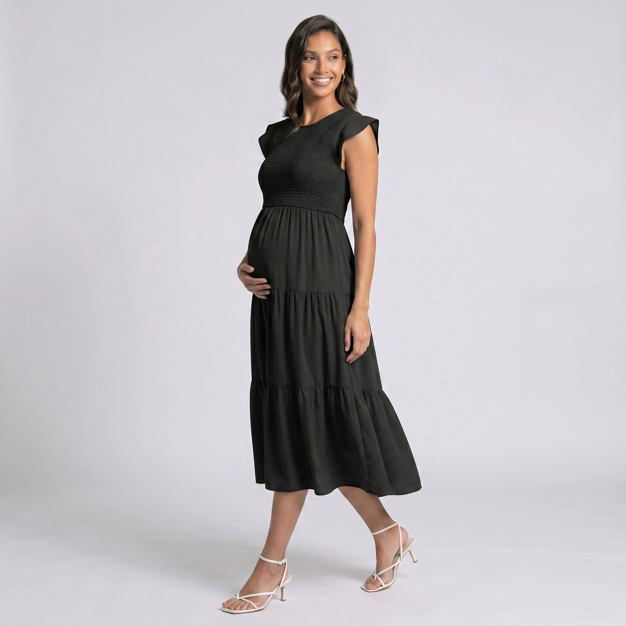 Anna-Kaci Women's Maternity Smocked Tiered Cap Sleeves Round Neck Midi Dress
