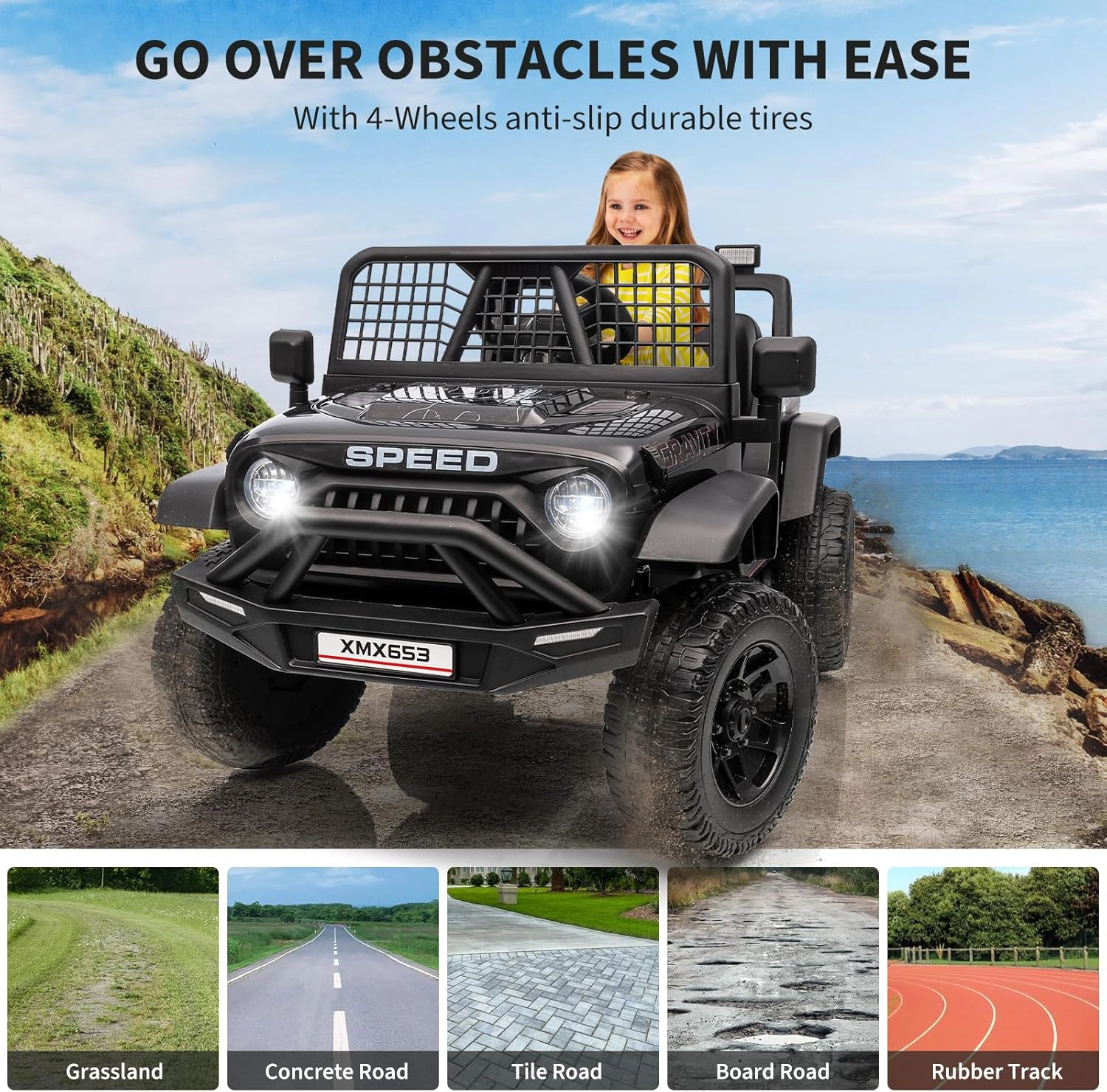 Enjyam 12V Kids Ride On Truck, Electric Car Toy with Extra Wide Seat & Legroom, Remote Control,3 Speeds,LED Lights,