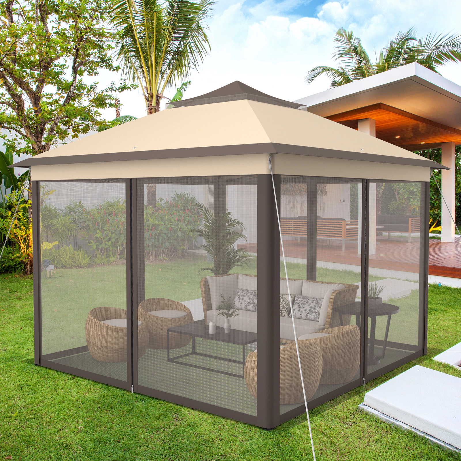 SUGIFT 2-Tier Pop-Up Gazebo Tent Portable Canopy Shelter with Mesh Screens Carry Bag Brown/Beige