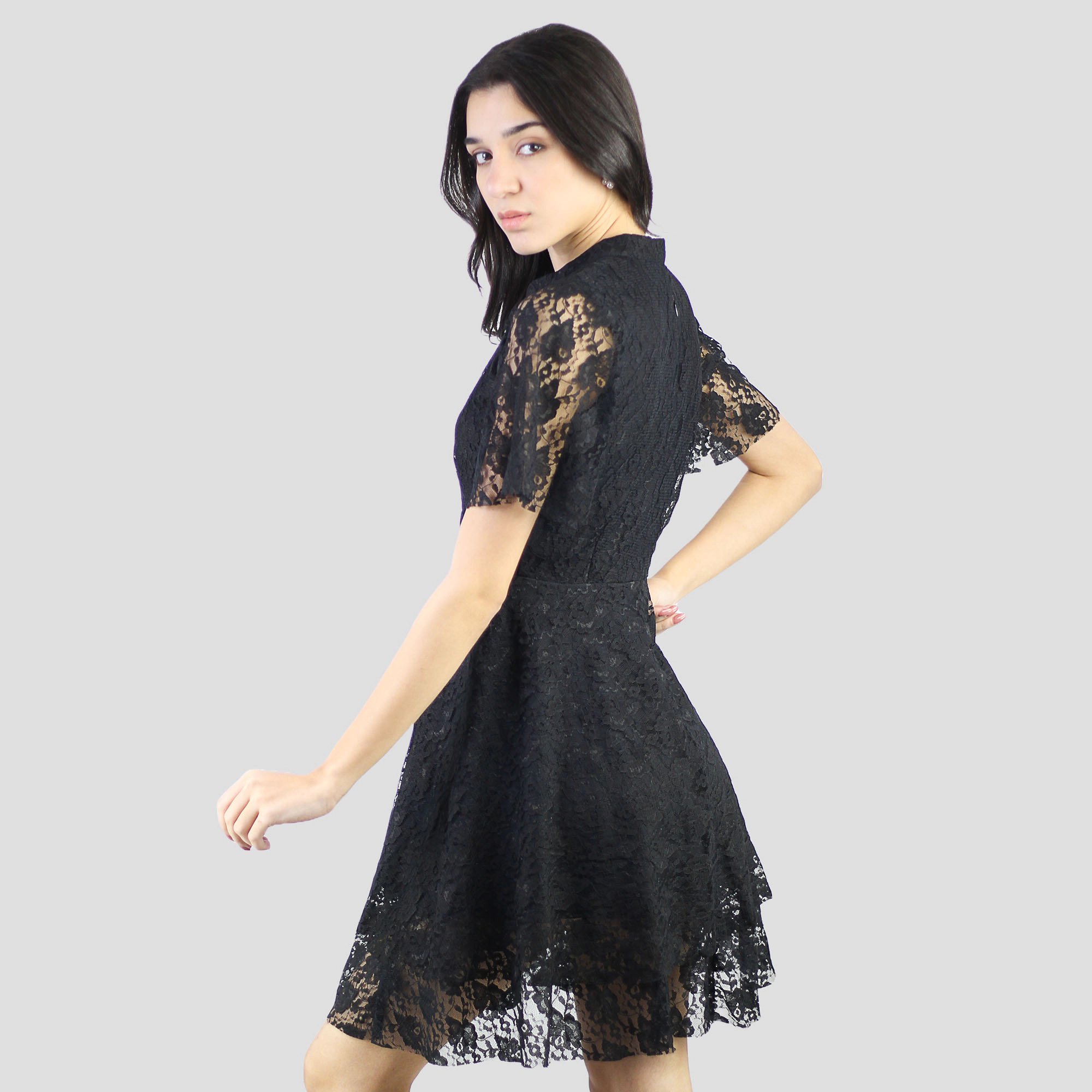 Artyska Women's Elegant Floral Lace V-Neck Short Sleeve Cocktail Party Dress