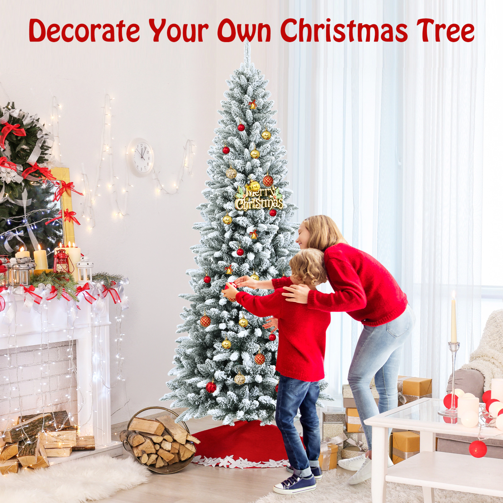 LJG Snow-Flocked Hinged Artificial Christmas Pencil Tree with Mixed Tips-7.5 ft