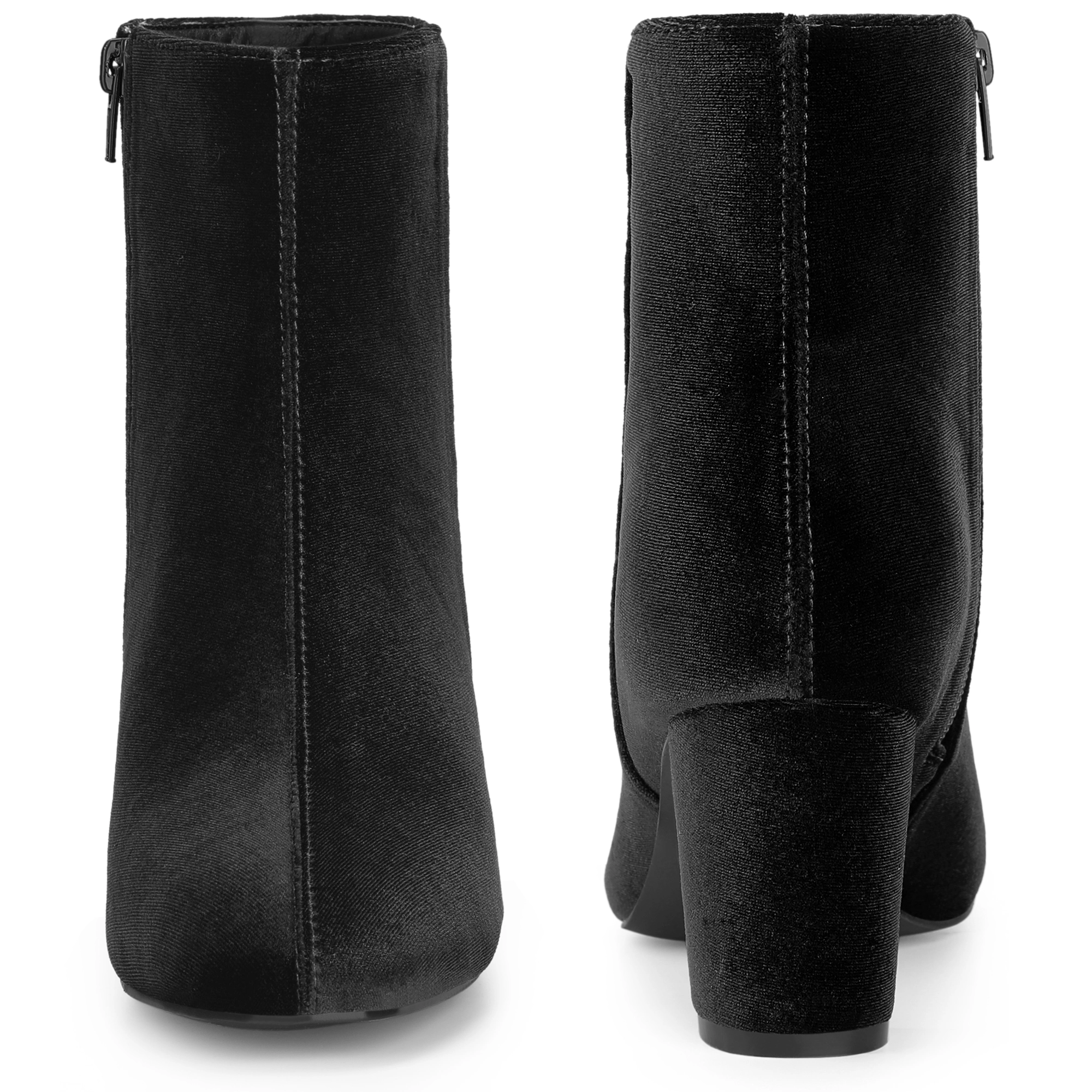 BLISSFUL STEP Women Faux Velvet Round Toe Chunky Heel Ankle Boots Side Zip