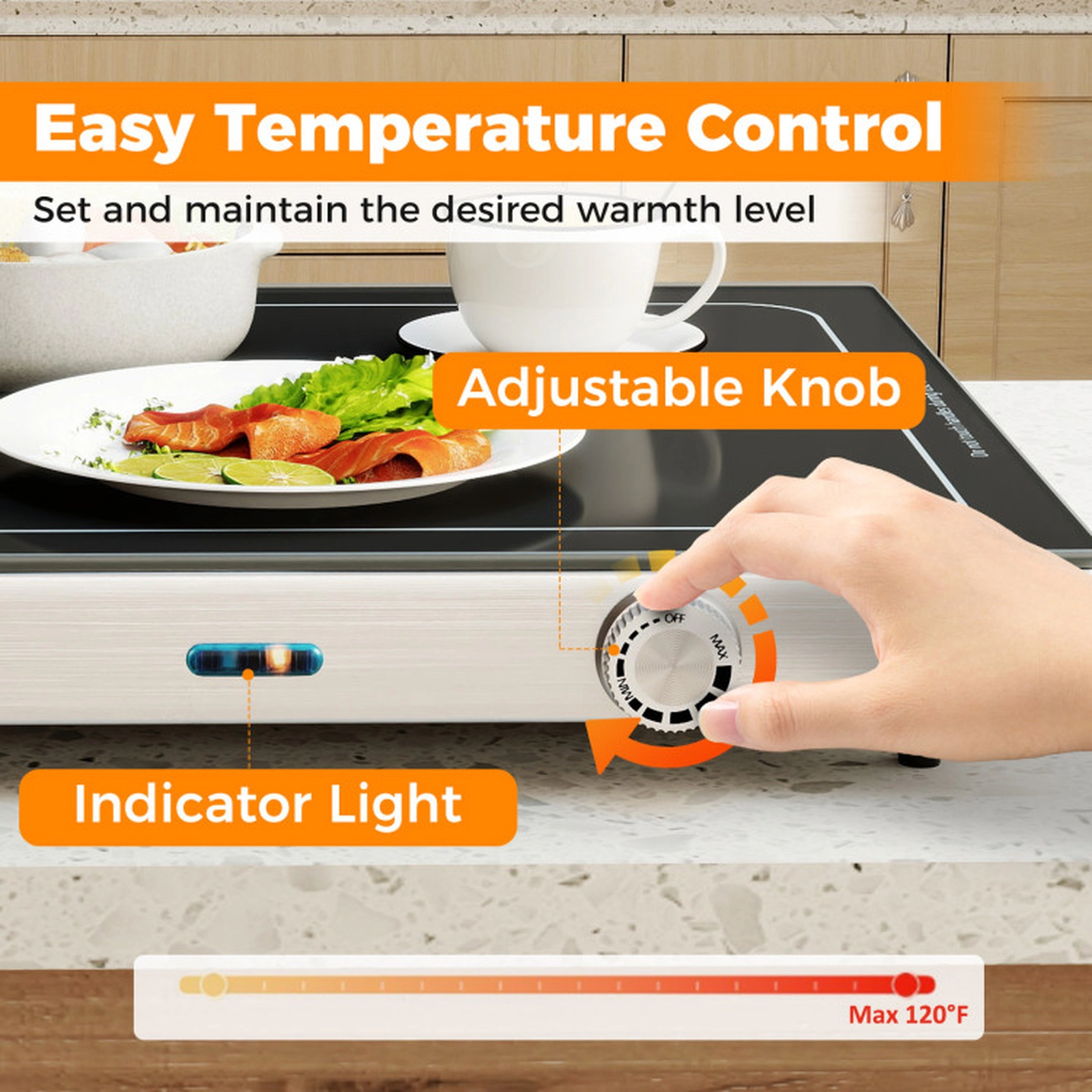 SUGIFT 300W Electric Warming Tray, 20 x 12 in Tempered Glass Surface, Adjustable Thermostat, Built-In Handles