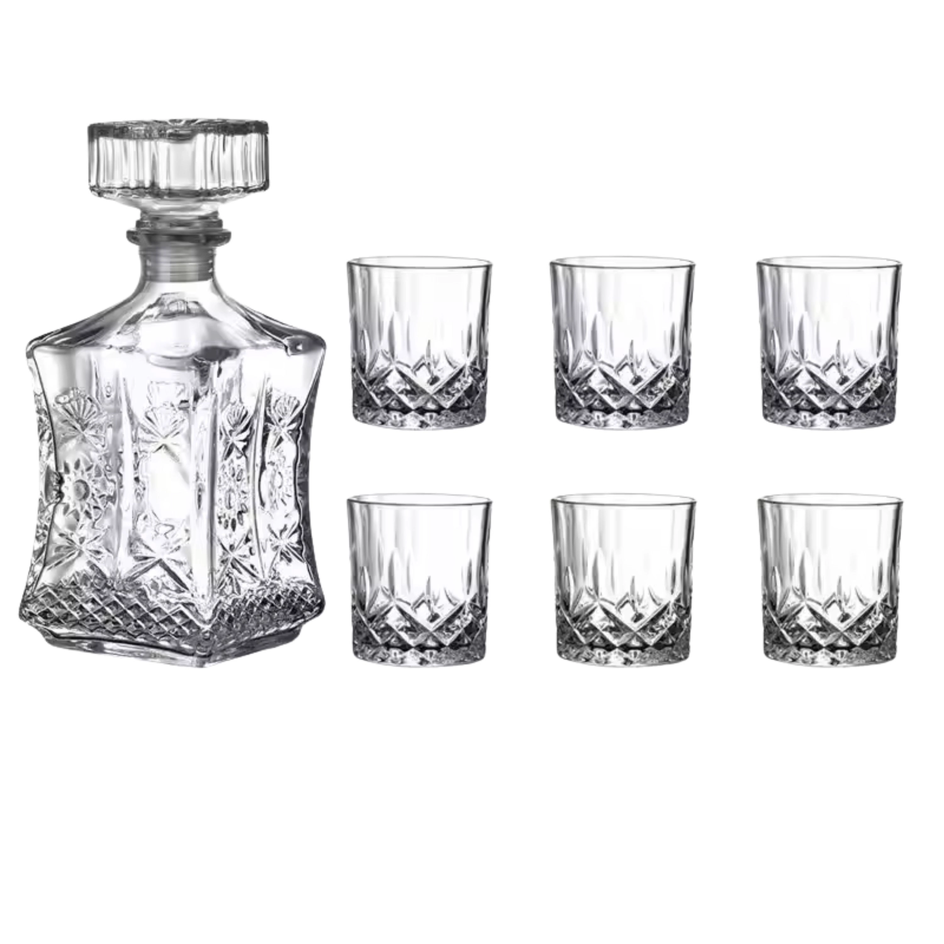 Kitcheniva 25 Oz Stylish Glass Whiskey Decanter, 6 Glasses 7.4 Oz Set With Stopper