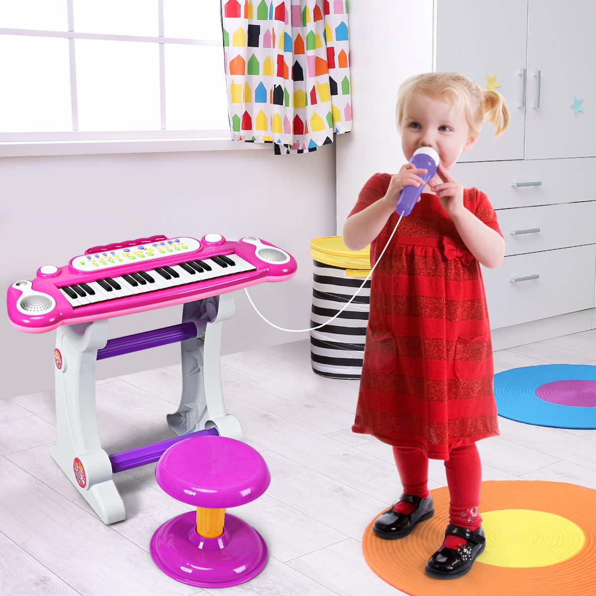SUGIFT Kids Pink 37-Key Electronic Toy Piano Keyboard with Stool and 8 Instrument Sounds 22.5-in W 11-in D 18-in H