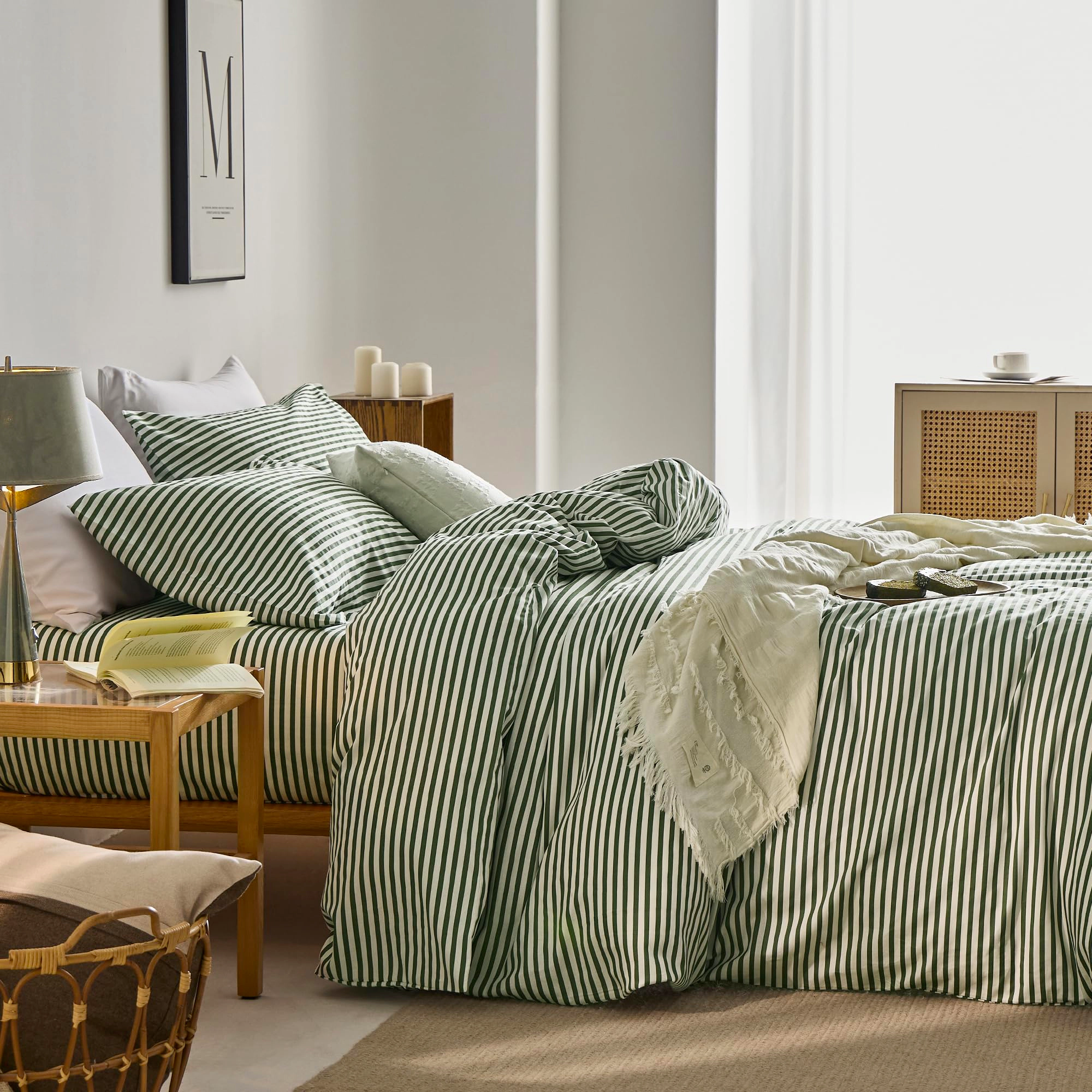 PUPWE Ton Printed Striped Queen Duvet Cover Set  Green