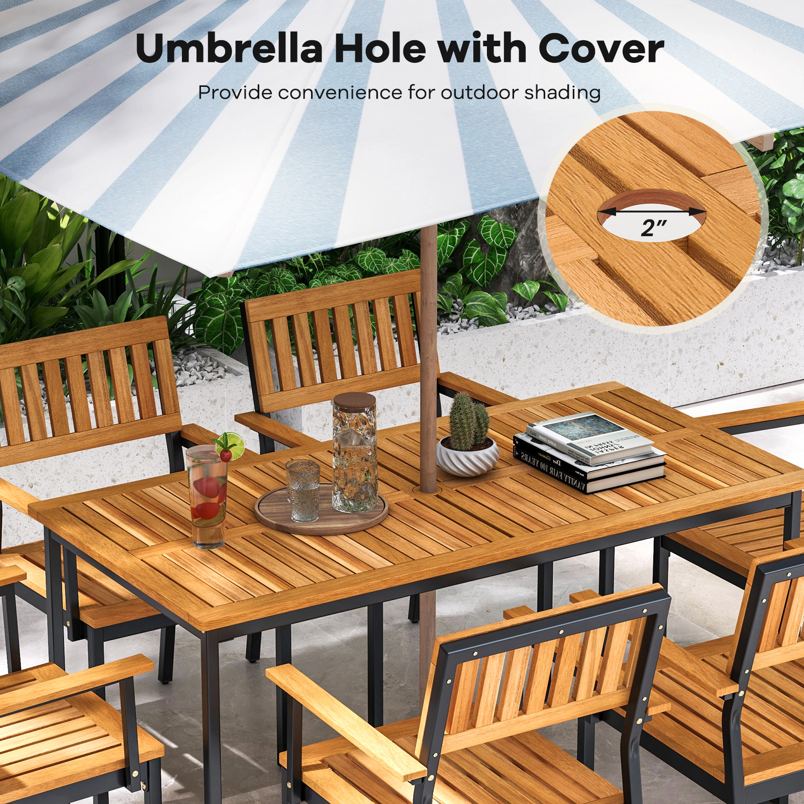 SUGIFT Acacia Wood Dining Table for 6 People with Slatted 55-in Tabletop Umbrella Hole 165-lb Capacity Natural and Black