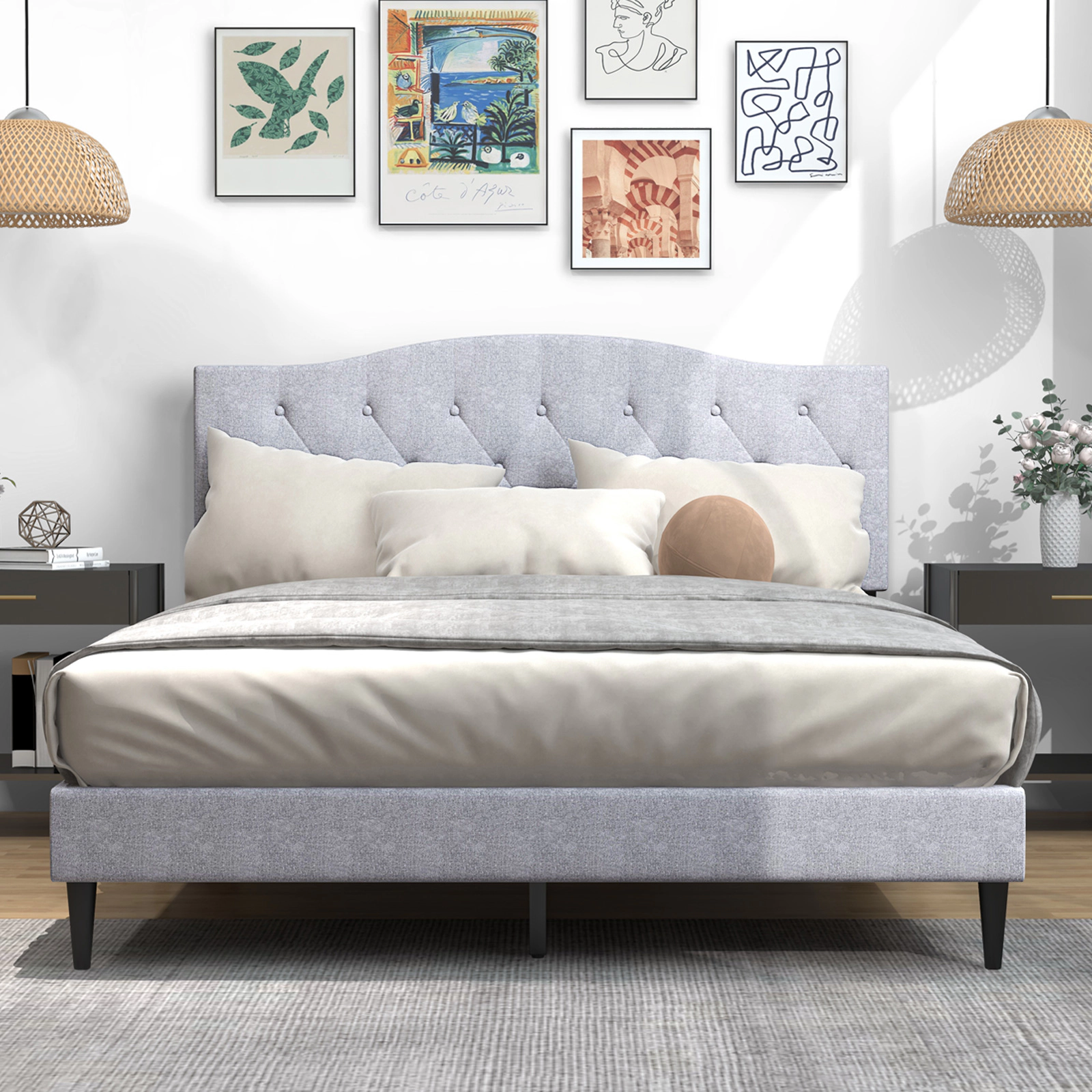 LJG Queen Size Upholstered Platform Bed with Button Tufted Headboard