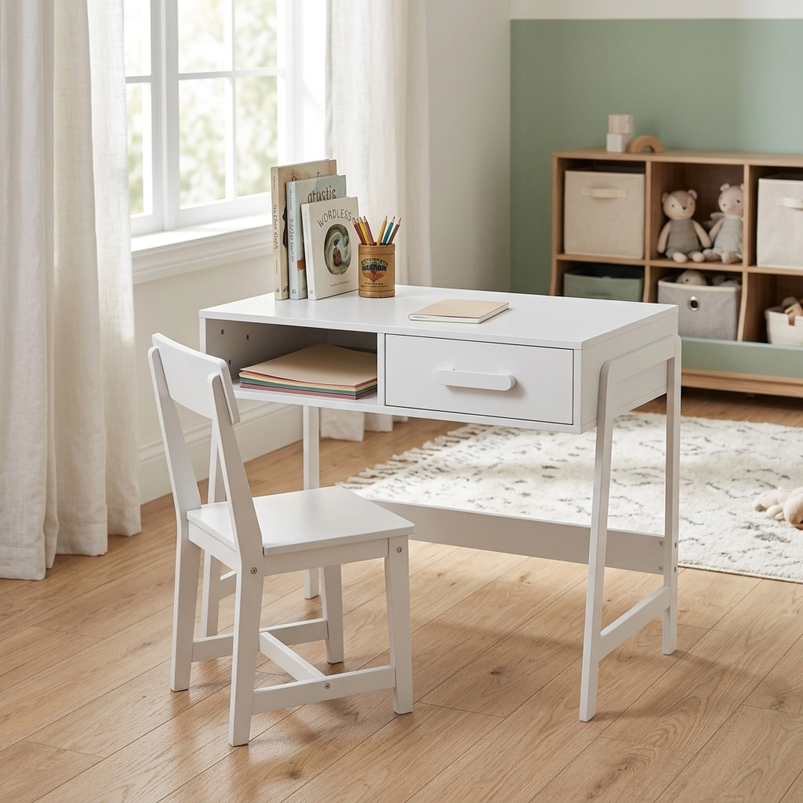 SUGIFT Kids Desk and Chair Set, White Study Desk with Hutch and Storage Drawer
