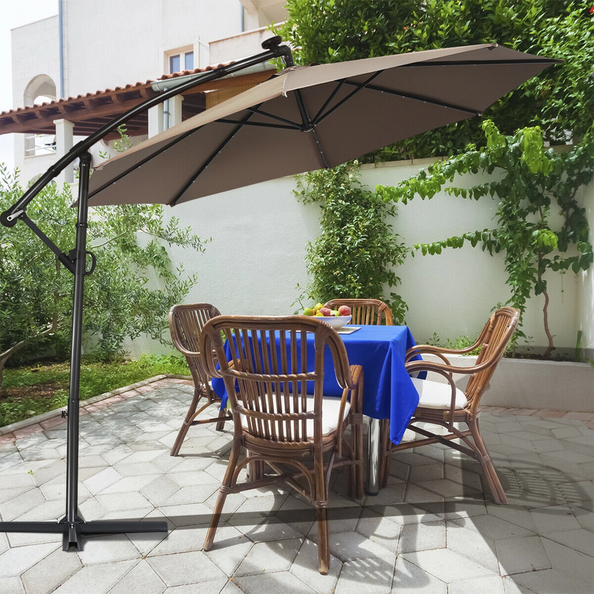 SUGIFT 10-ft Tan Offset Hanging Patio Umbrella with 8 Ribs Vented Canopy and Solar LED Lighting for Pool