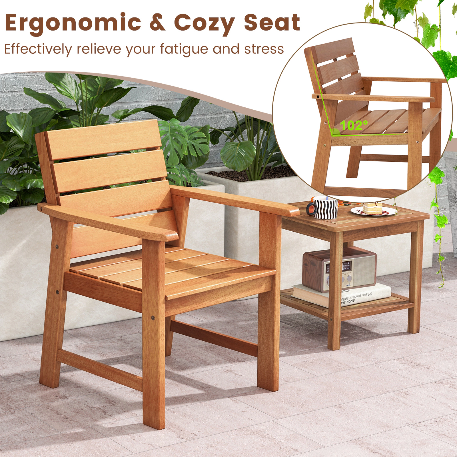 LJG 2 Piece Patio Hardwood Chair with Slatted Seat and Inclined Backrest