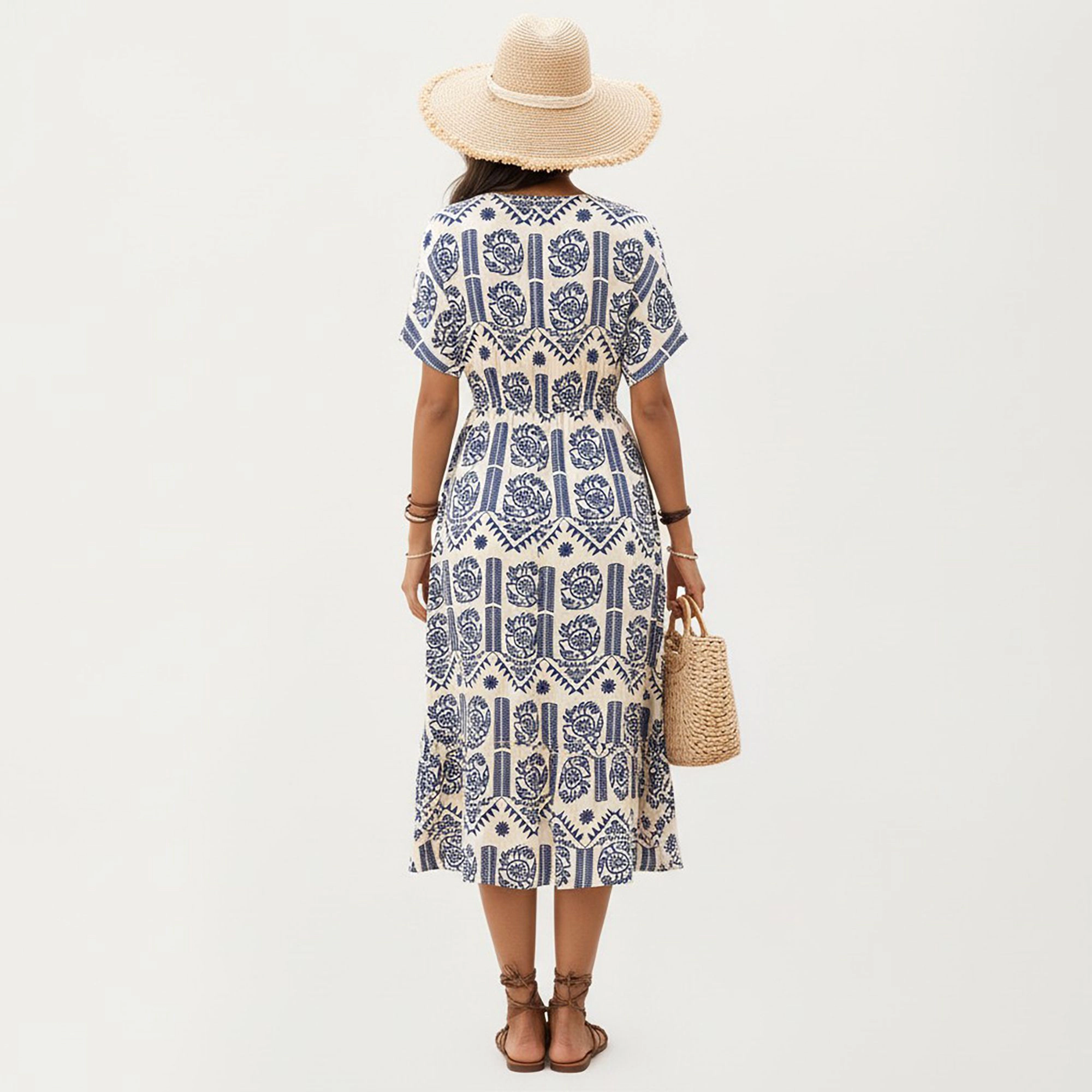 Anna-Kaci Women's V Neck Short Sleeve Print Drawstring Waist Midi Dress