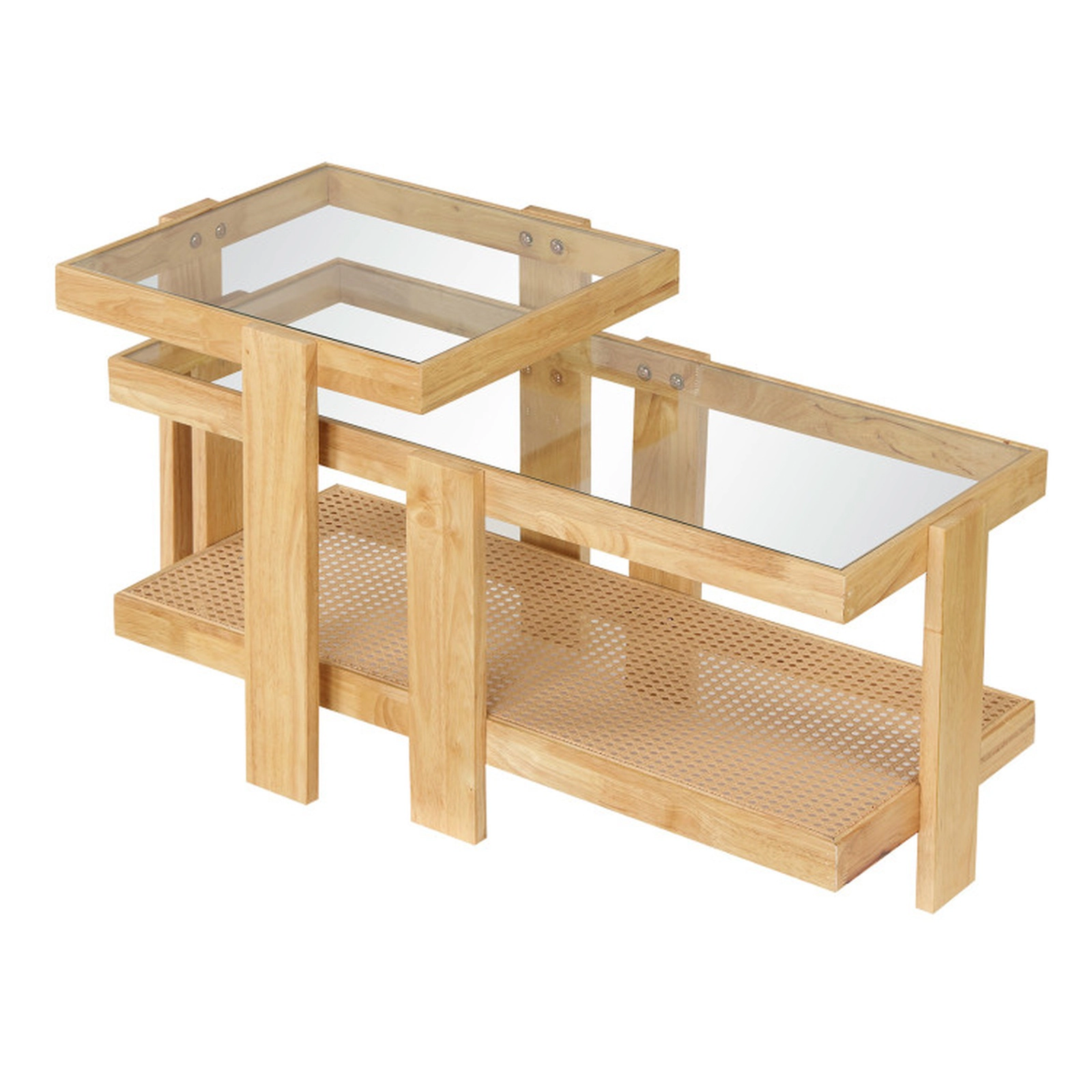 SUGIFT Set of 2 Nesting Coffee Tables with Tempered Glass Tops and Rattan Shelf 185-Lb Large Top Capacity Natural