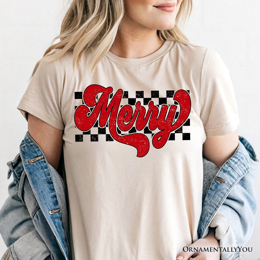 OrnamentallyYou Womens Merry Retro Checkered Christmas T-Shirt