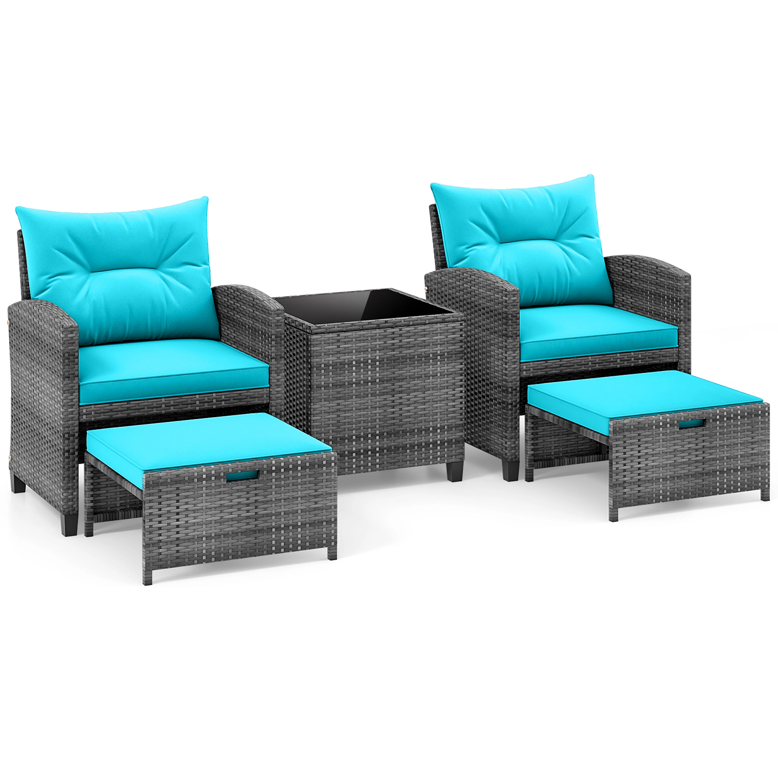 SUGIFT 2 Ottomans and Glass Top Coffee Table 5-Piece Turquoise Patio Rattan Set