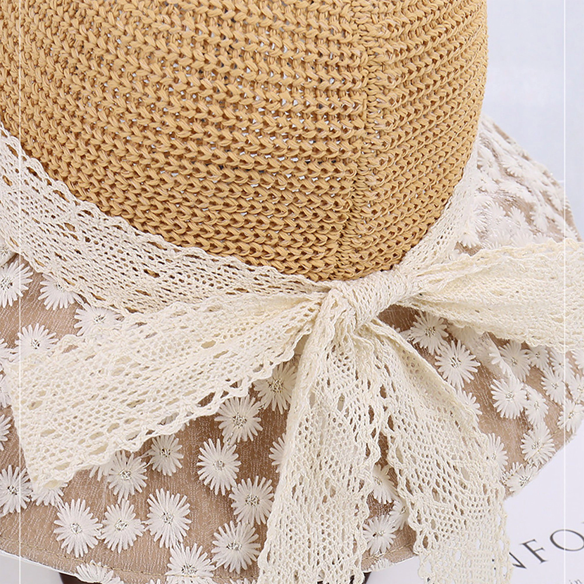 Anna-Kaci Women's Crochet Sun Hat with Lace Bow Accent and Embroidered Sheer Wide Brim - MauvePink