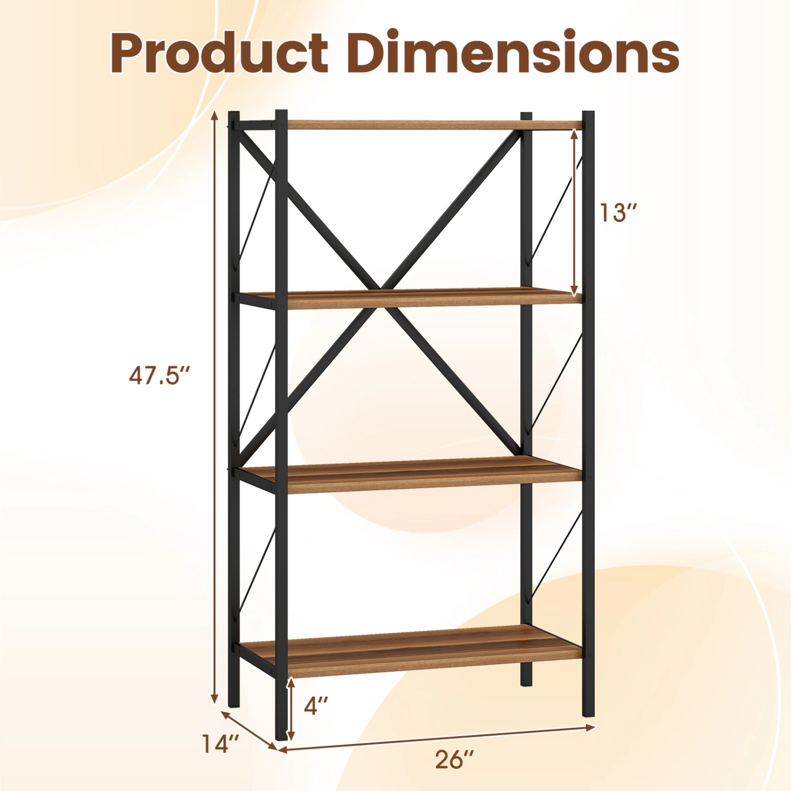 SUGIFT 4-Tier Open Storage Bookshelf with Heavy-Duty Metal Frame 47.5-in Tall 5.5-lb Per Shelf Capacity White/Walnut