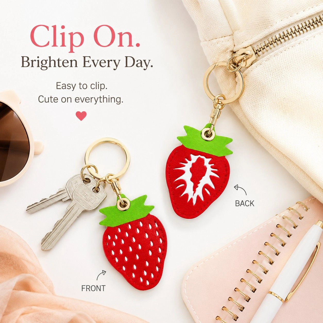 Alilang Women's Double-Sided Fruit Bag Charm Keychain with Stitched Detail and Gold-Tone Ring, Strawberry Red